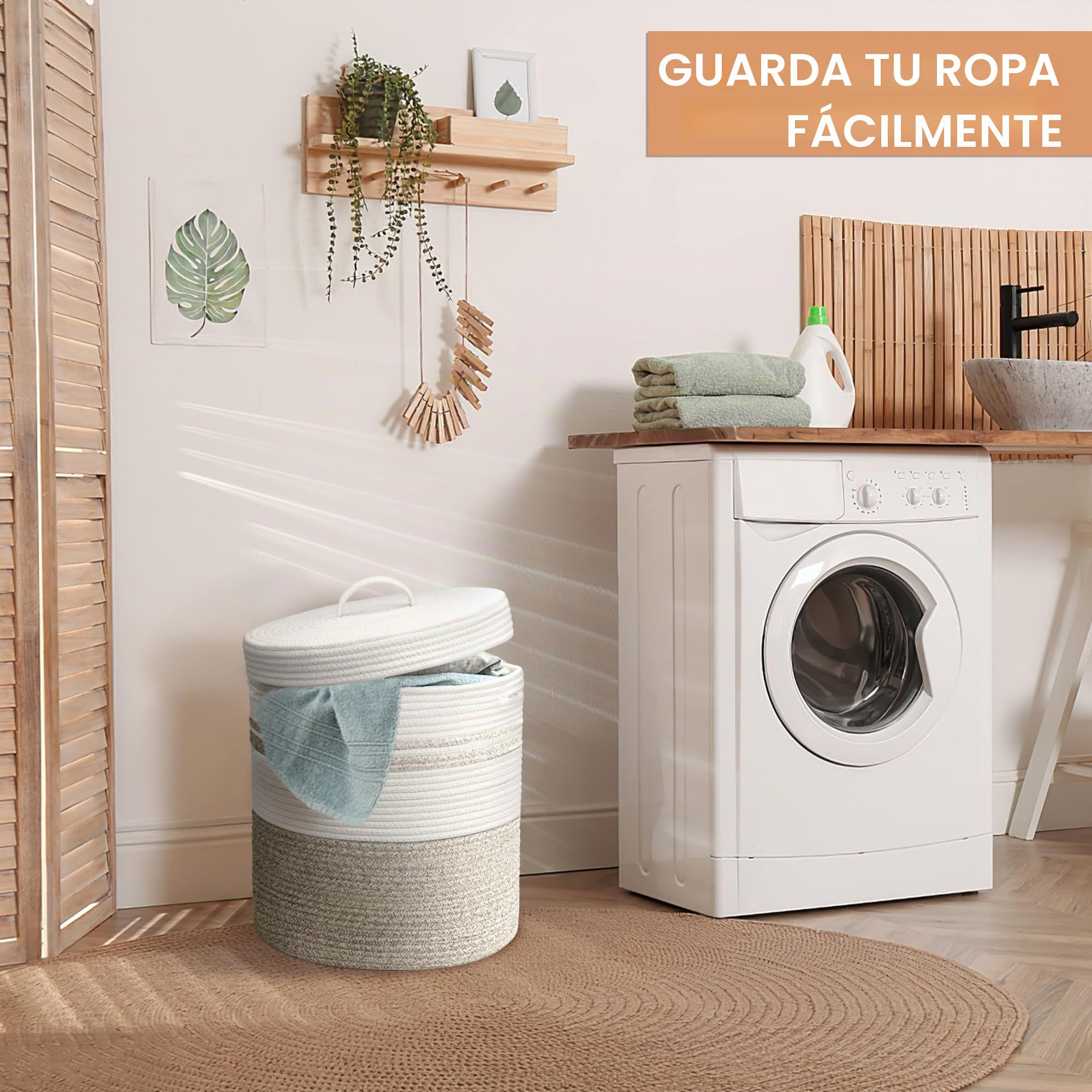 Cesta de lavandería con tapa, cesta tejida para ropa sucia, manta y cesta de almacenamiento de juguetes para sala de estar, dormitorio, baño, guardería (marrón y blanco, 40 L)