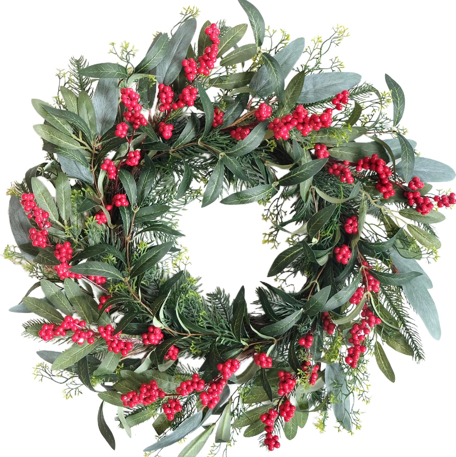 TEMPUS 22 Inch Rustic Winter Wreath with Curly Willow Branches, Pine Needles & Red Berries – Handmade Rattan Base for Front Door Decor, Farmhouse Wall Hanging, Indoor Holiday Greenery