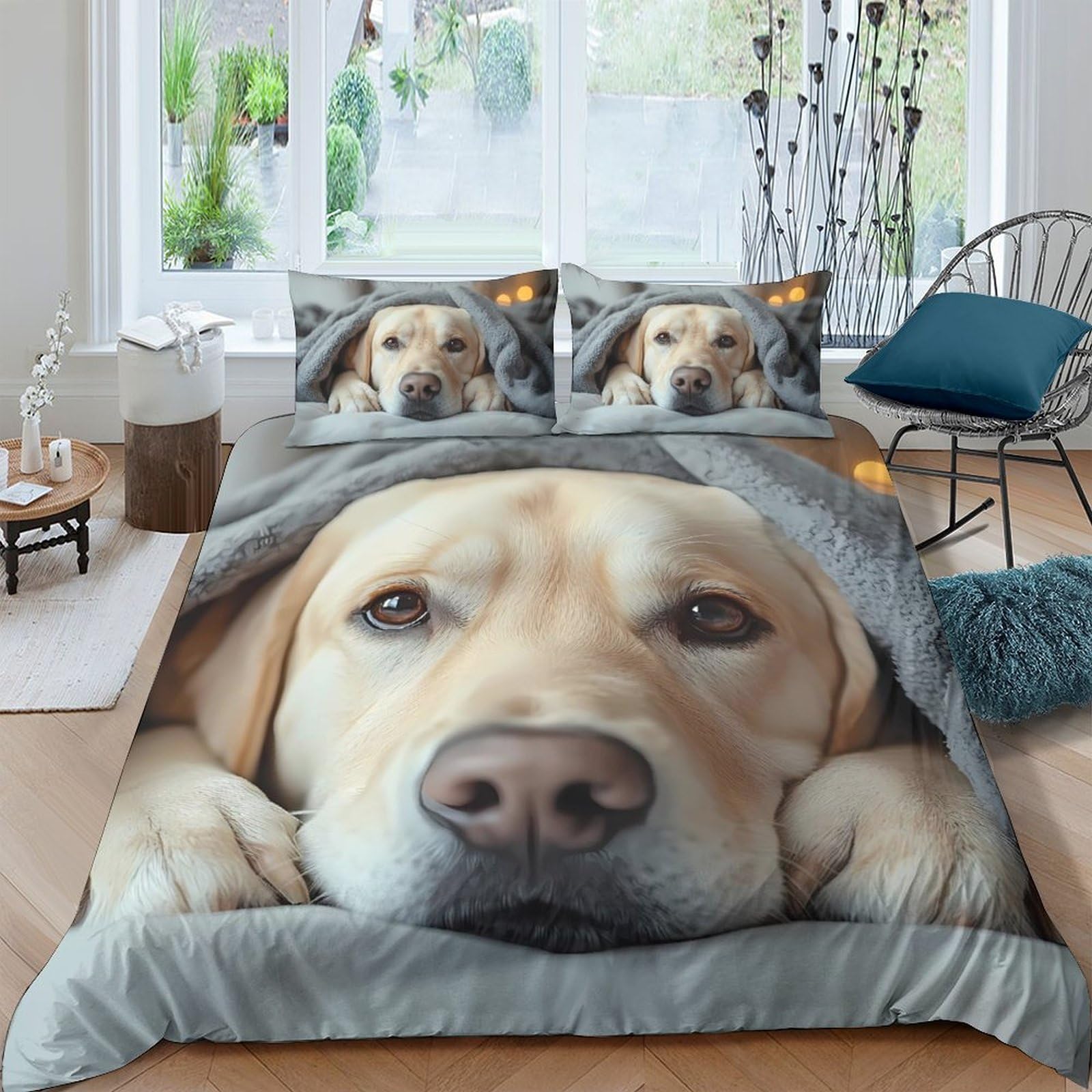 P5V6M1Q9 3D Printed Labrador Dog Duvet Cover Set Microfiber Soft Breathable Animal Face Bedding with 2 Pillowcases for Bedroom Decor Single（135x200cm）