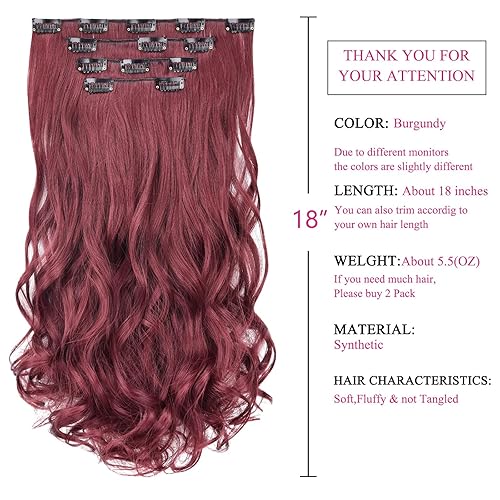 Miniatura 2 de SYXLCYGG Extensiones de cabello ondulado color burdeos, 4 piezas, extensiones de cabello sintético de 18 pulgadas, 5.5 onzas, rizado, color rojo