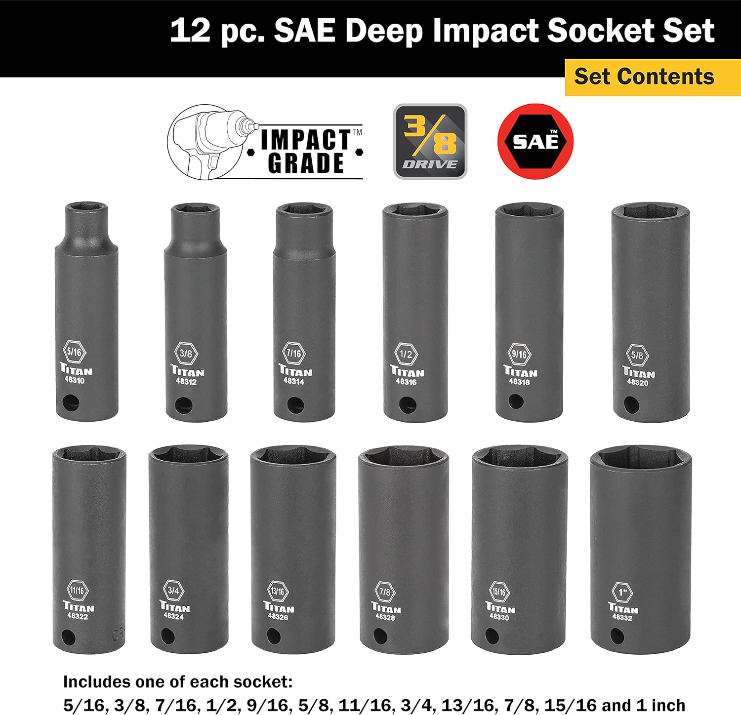 Titan 48300 12-Piece 3/8" Drive SAE Deep Impact Socket Set