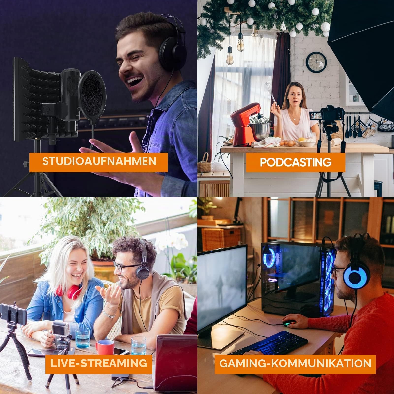 Studio Aufnahme Mikrofon Mit Isolationsschirm, Pop Filter und Metall-Tischstativ, Studio Mikrofon für PC, Laptop Und Smartphone, Musikmikrofon für Gesangs Und Podcast Aufnahmen