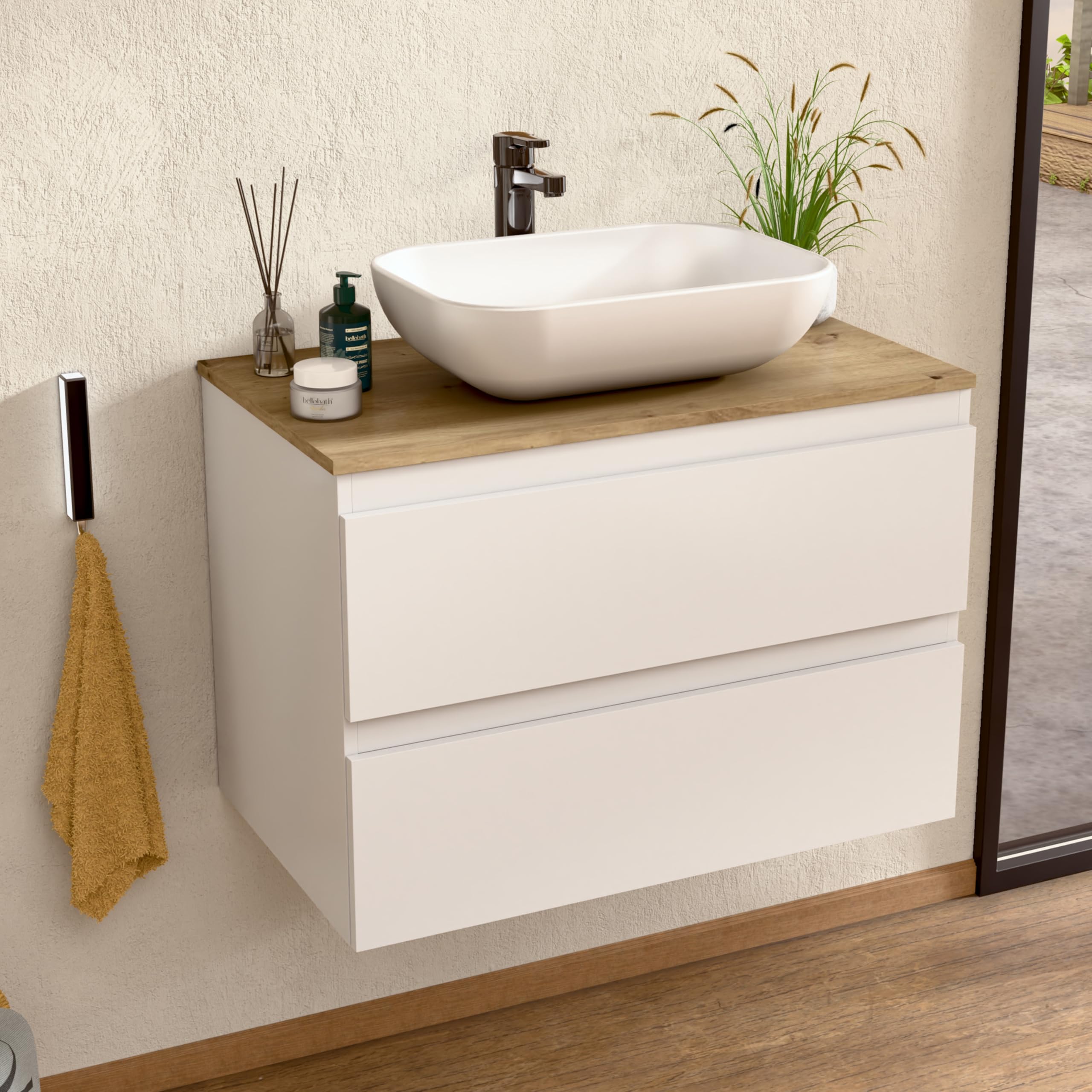 BELLOBATH - Badezimmerschrank mit Keramik Waschbecken und 2 Schubladen, Waschbeckenunterschrank 80 x 55 x 46 cm - Weiß/Eiche