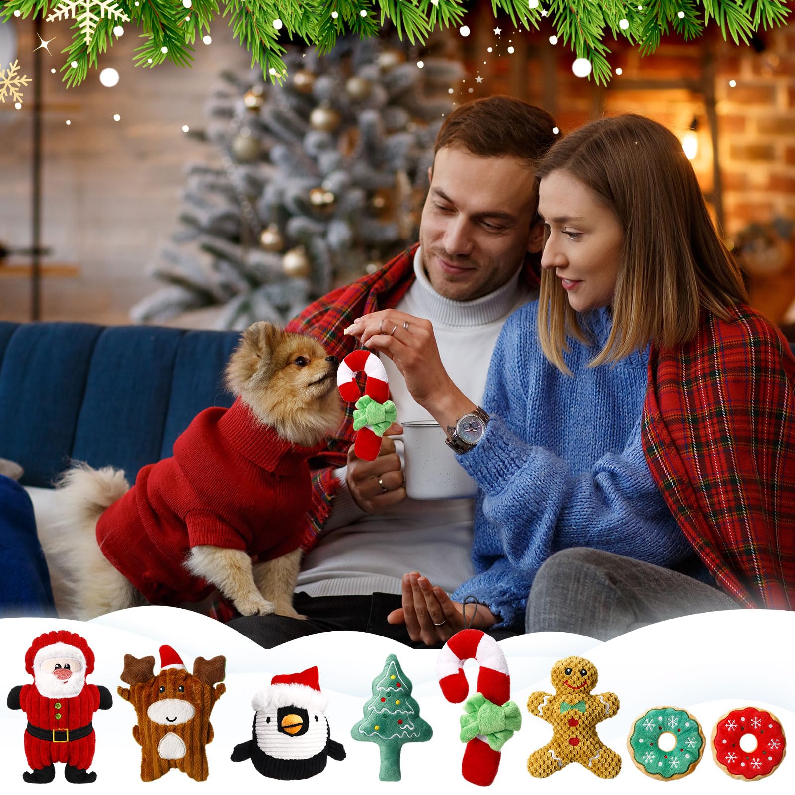 Lot de 8 jouets de Noël pour chien - Jouets couineurs interactifs en peluche avec couineur pour chiens de petite, moyenne et grande taille - Nettoyage des dents