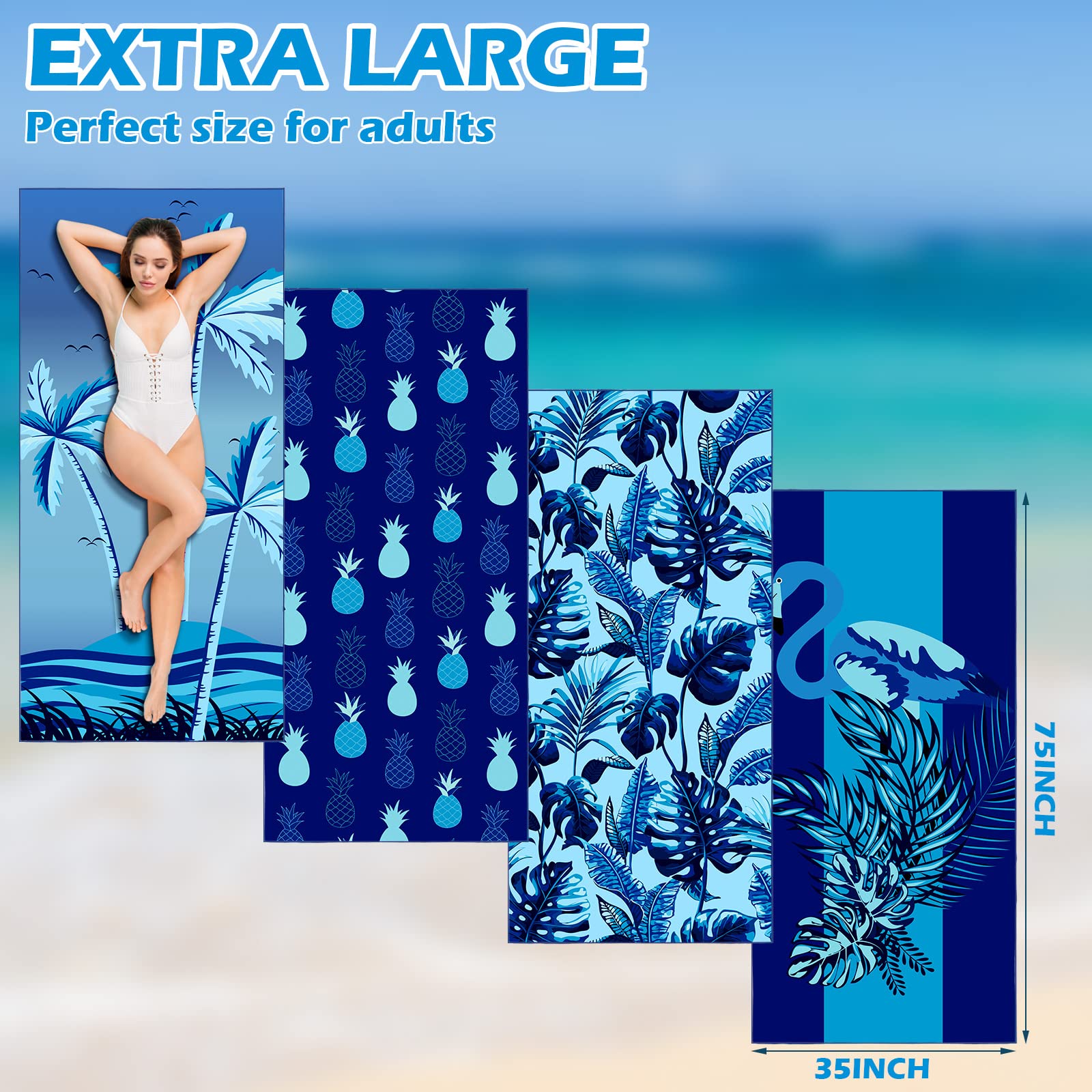 Irenare Lot de 4 serviettes de plage en microfibre résistantes au sable pour adultes - Séchage rapide - 190 x 89 cm - Extra large - Accessoires essentiels pour la piscine et la plage