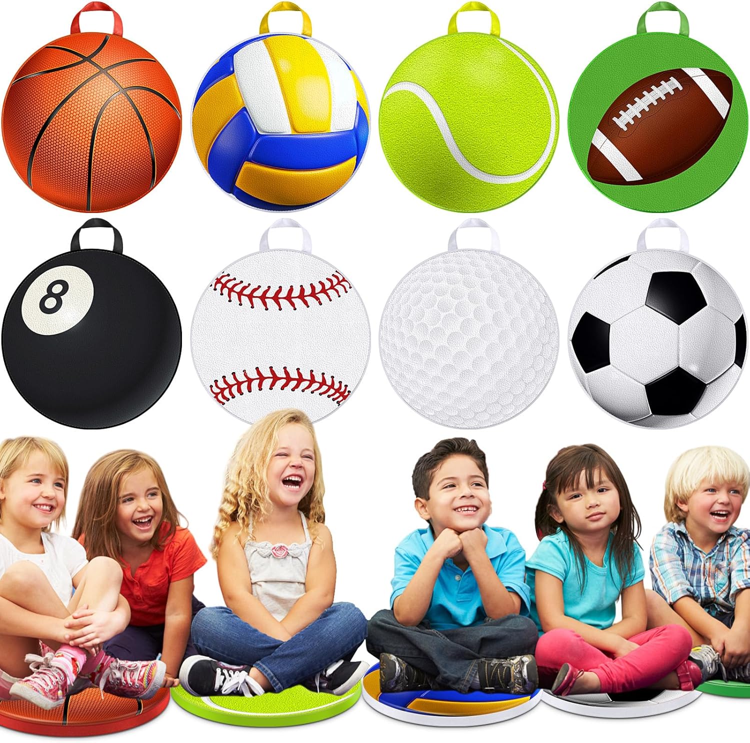 8 Pcs Sports Kids Floor Cushions for Classroom Flexible Round Seating Pillow Soft Waterproof with Handle Basketball Football Soccer Baseball Pattern for Sports Theme Birthday Party Decorations