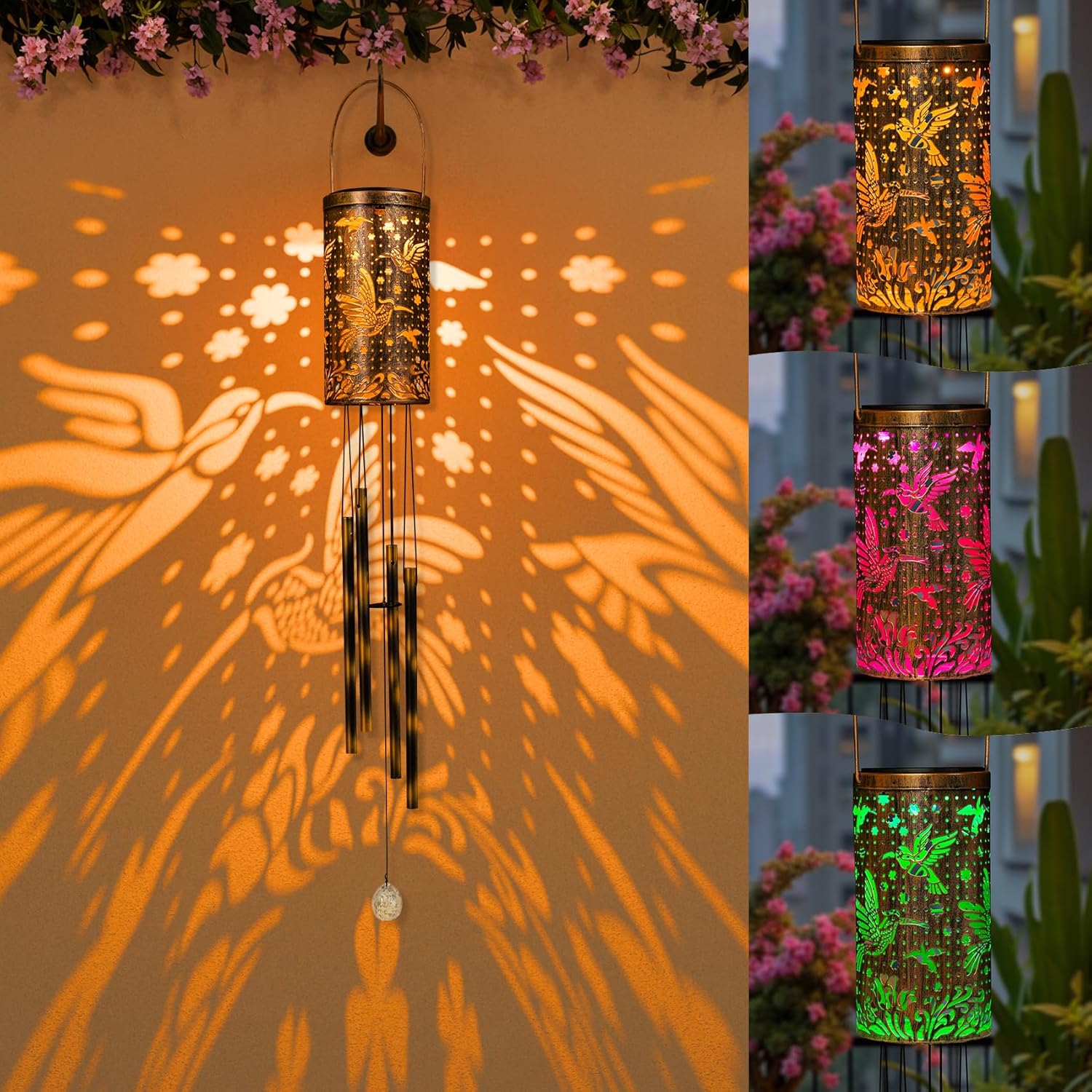 for Women Solar Wind Chimes Hummingbird Outside Lights Hanging Decor Outdoor Sympathy Wind Chimes for Garden Patio (1 Light with 3 Colors Cycle - Hummingbird)