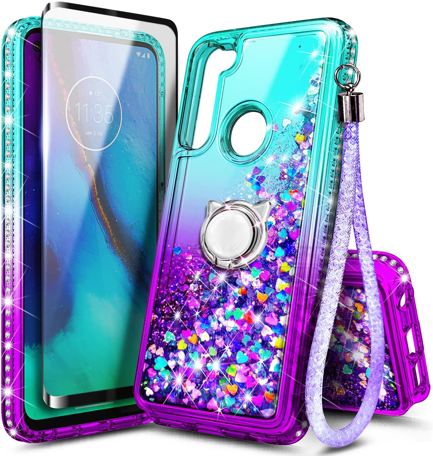 E-Began Case for Motorola Moto G Stylus (2020) with Tempered Glass Screen Protector (Full Coverage), Ring Holder/Wrist Strap, Sparkle Glitter Liquid Girls Women Kids Cute Case -Aqua/Purple