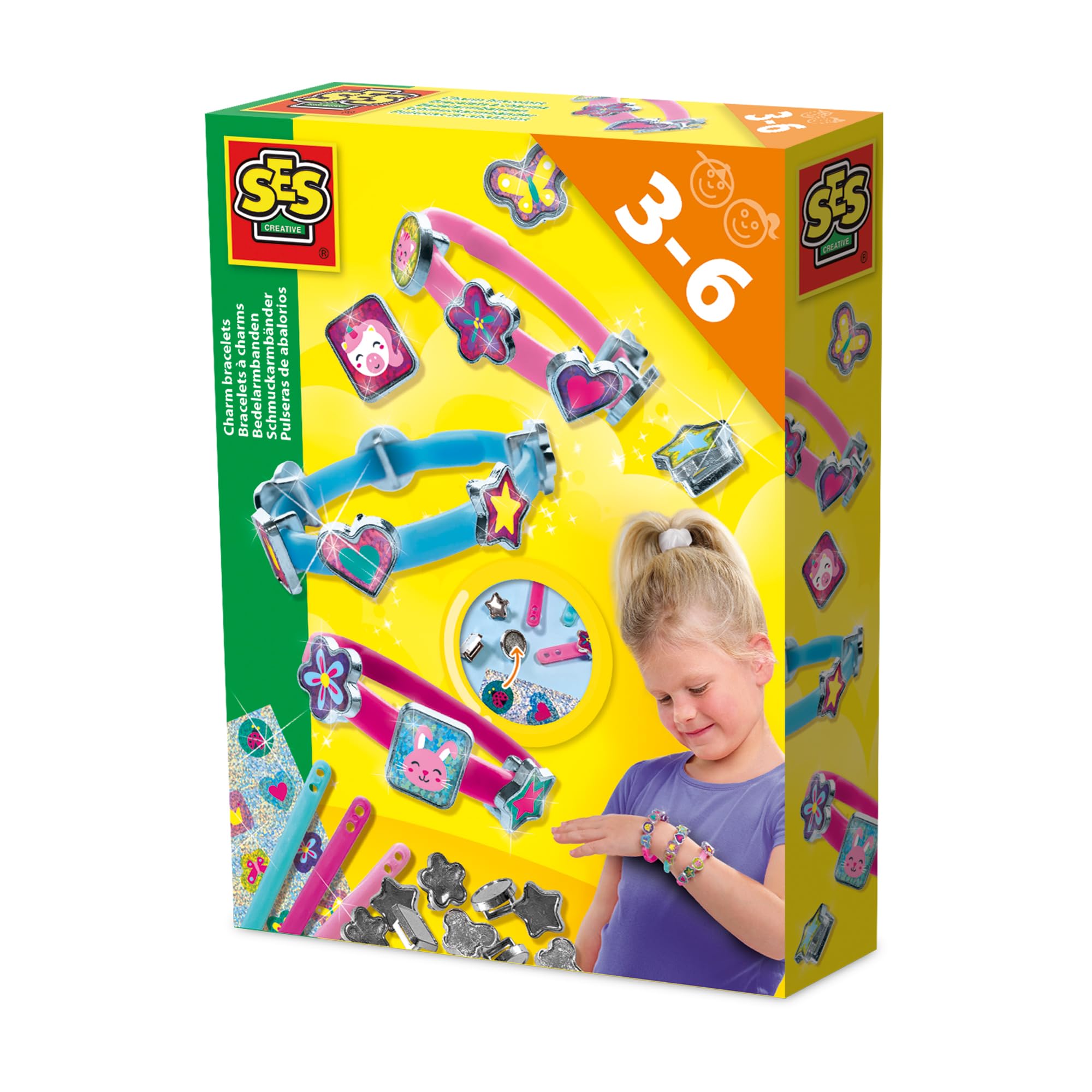 Charm Braclets 1463. Make your own jewellery Just stick the shiny glitter stickers on the charms and slide them onto one of the three plastic bracelets. Mix and match your own combinations.