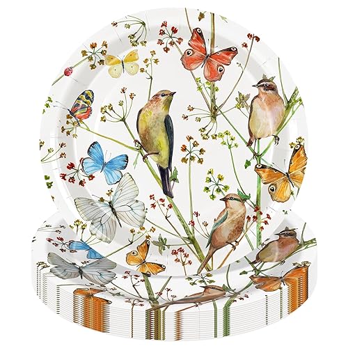 50 Pcs Bird Paper Plates Watercolor Bird Butterfly Flower Disposable