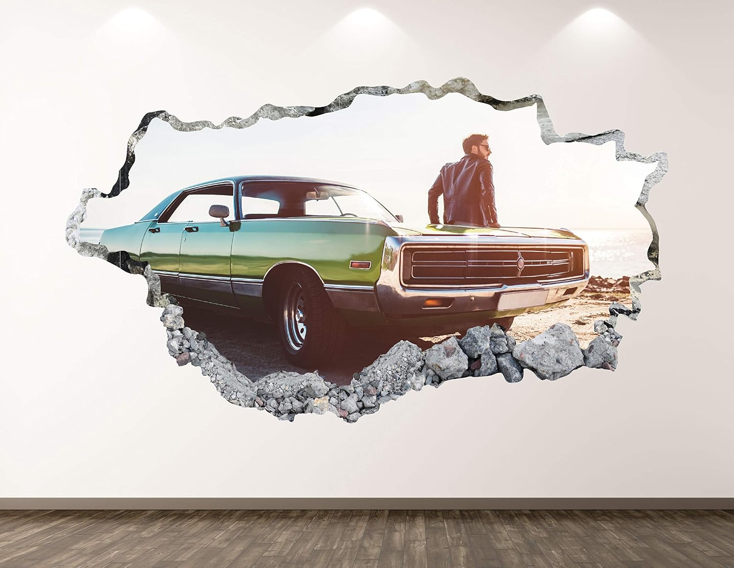Car Poses Wall Decal Art Decor 3D Smashed Man Standing Next His Green Car Sticker Poster Kids Room Mural Custom Gift BL2351 (30"W x 18"H)