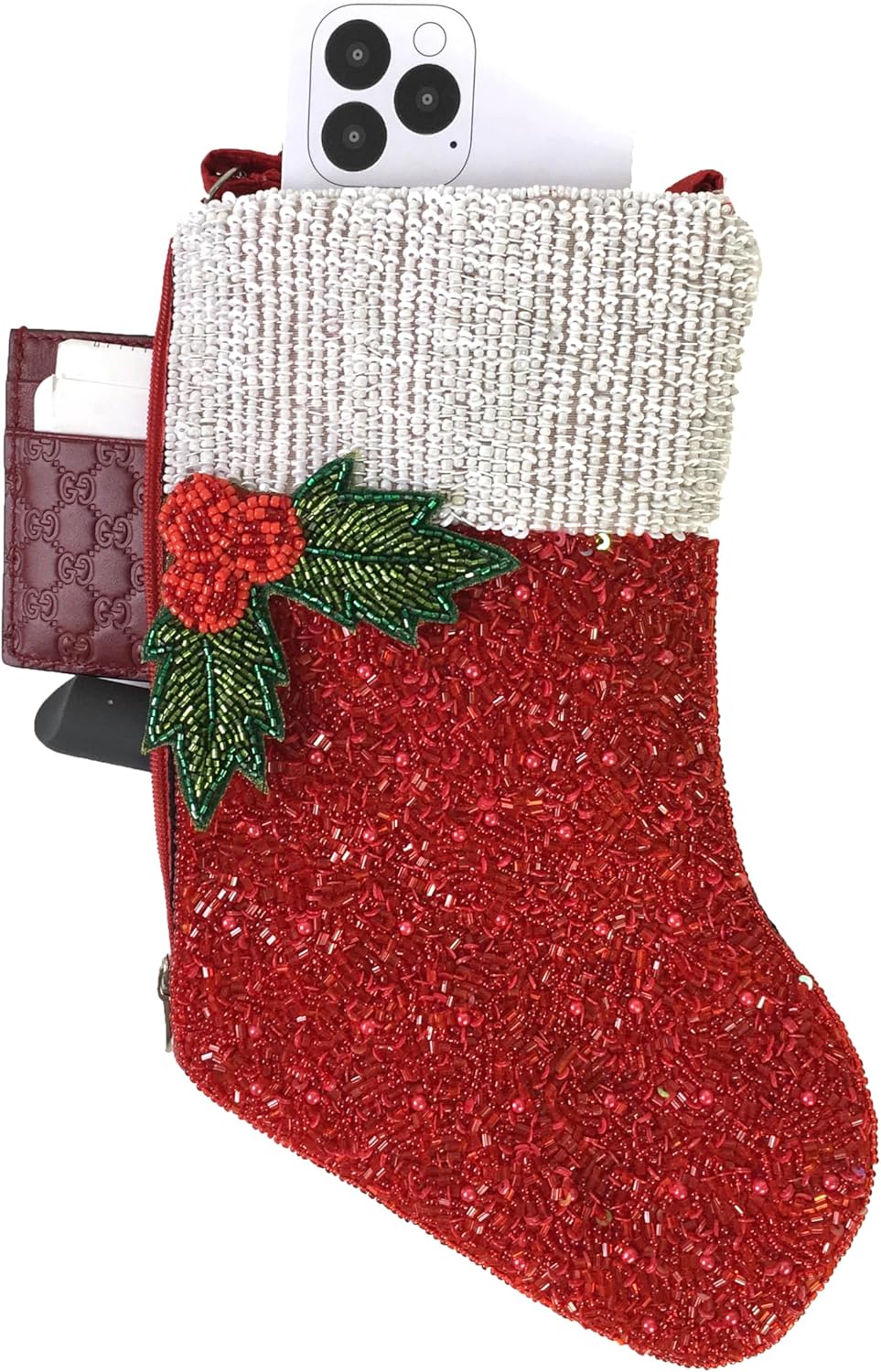 Holiday Traditions Beaded Christmas Stocking Crossbody Phone Bag, Red - Festive Club Style Handbag for Women