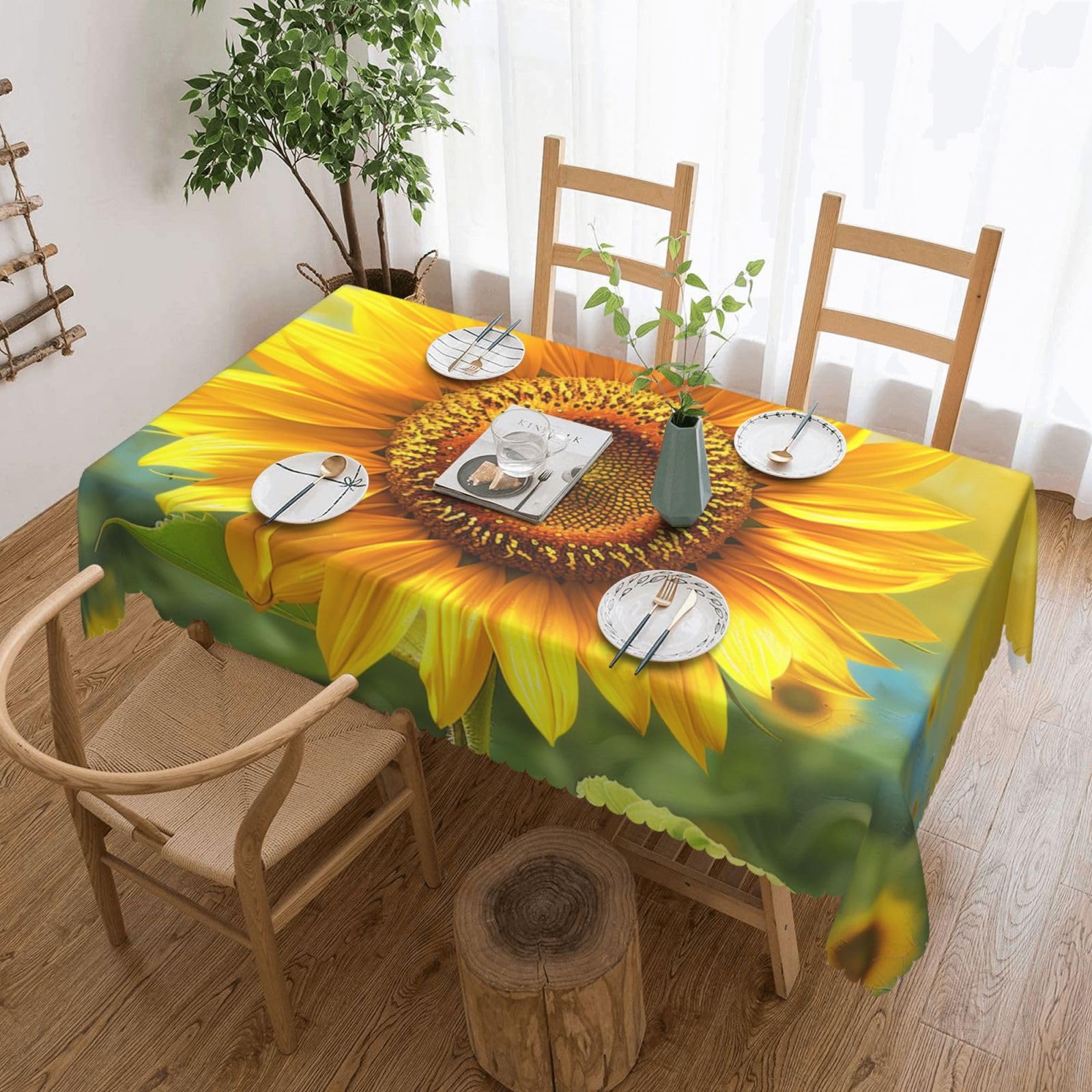 WPKJU Sunflowers Printed Rectangle Tablecloth 72x54 Inch with Lace Trim, Water-Resistant Washable Table Cover for Farmhouse Weddings, Outdoor Picnics & Holiday Dining