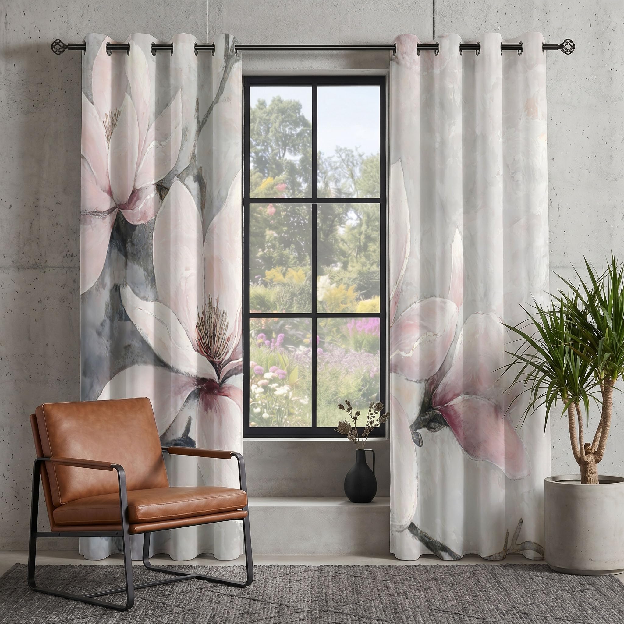 Magnolienblütenzweige Vorhänge, Retro Elegant Vorhang Blickdicht Thermo Verdunkelungsvorhänge Mit Ösen - Hellrosa Gardinen Wohnzimmer Schlafzimmer Fenster - H214 x B91.5 cm (2er Pack)