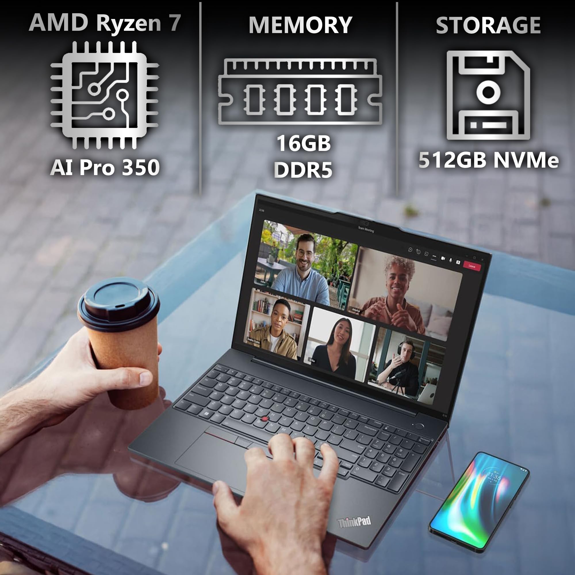 Lenovo ThinkPad T16 Gen 4 Business Laptop 16" FHD+ Display, AMD Ryzen 7 AI Pro 350, 16GB DDR5 RAM, 512GB SSD, 5MP Webcam, impronte digitali, retroilluminato KB, WiFi 7 + BT, RJ-45, Win 11 Pro - Nero