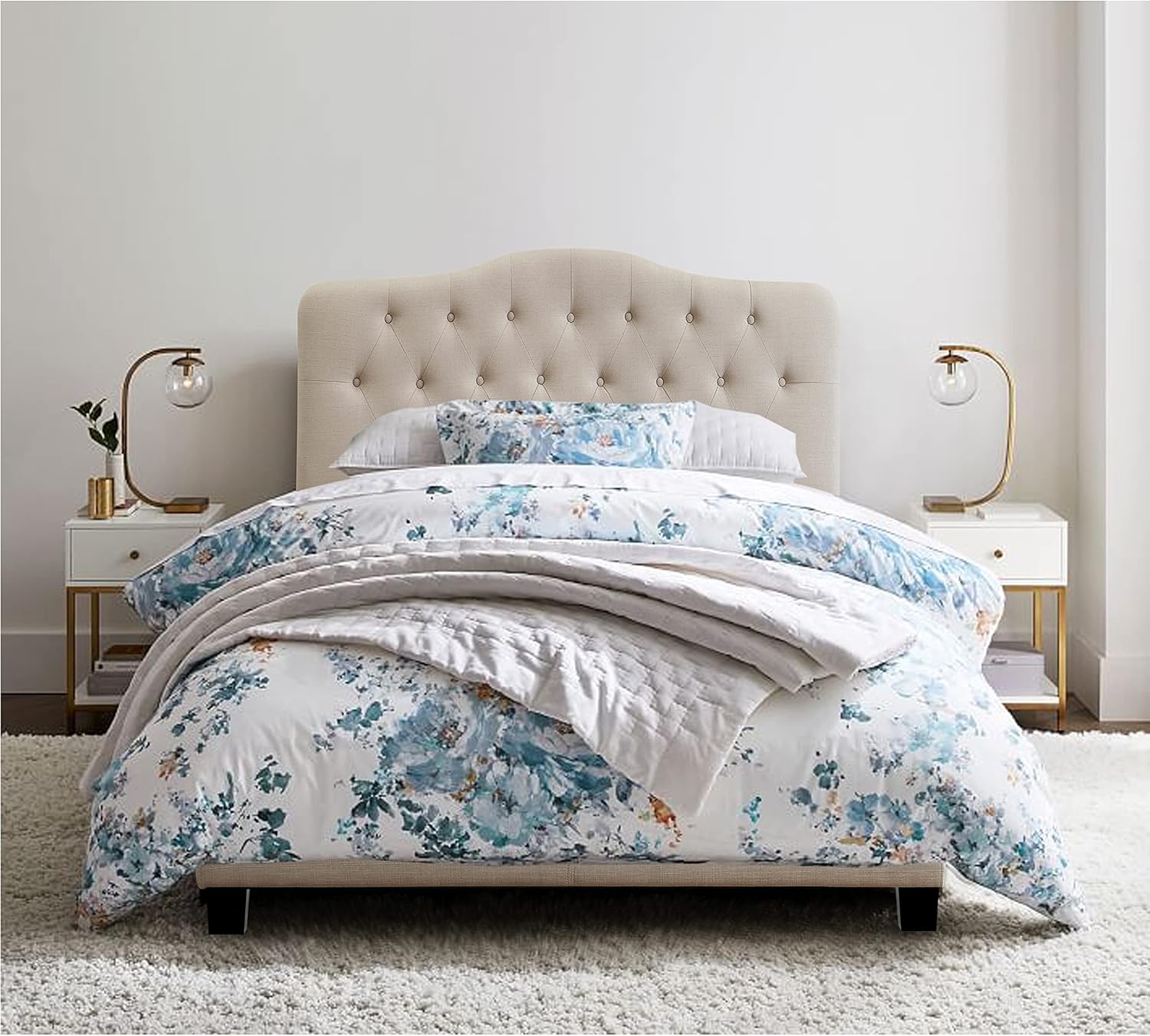 Rosevera Harriman Upholstered Standard Bed With Button Tufting Headboard, Queen, Beige