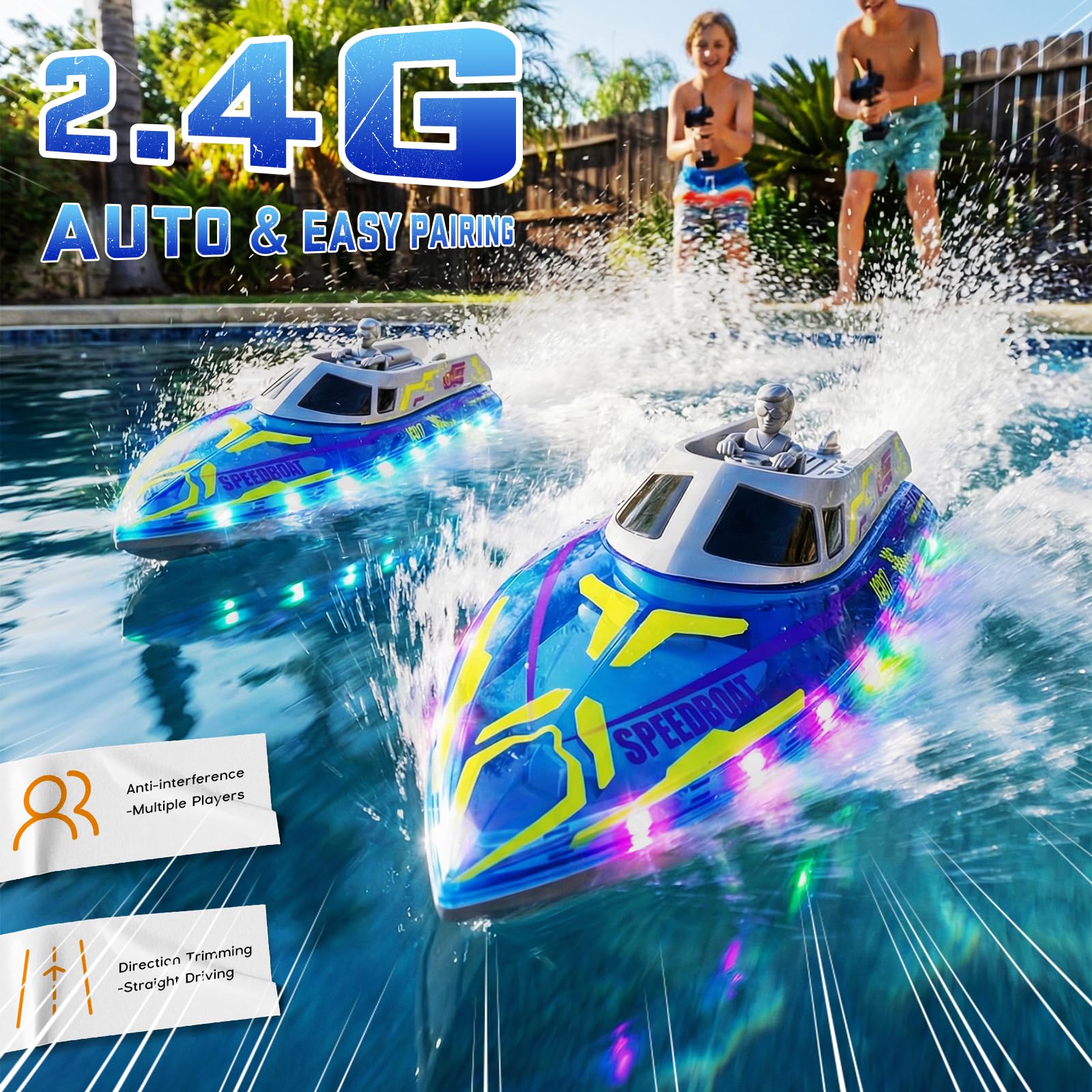 Bateau Télécommandé, 25+ KM/H, 40+ Mins, RC Racing Bateau Telecommandé Enfant avec Lumières LED, 2 Batteries, Mini Bateau RC Haute Vitesse 2,4 GHz Jouet Aquatique pour Lac/Piscine/étang