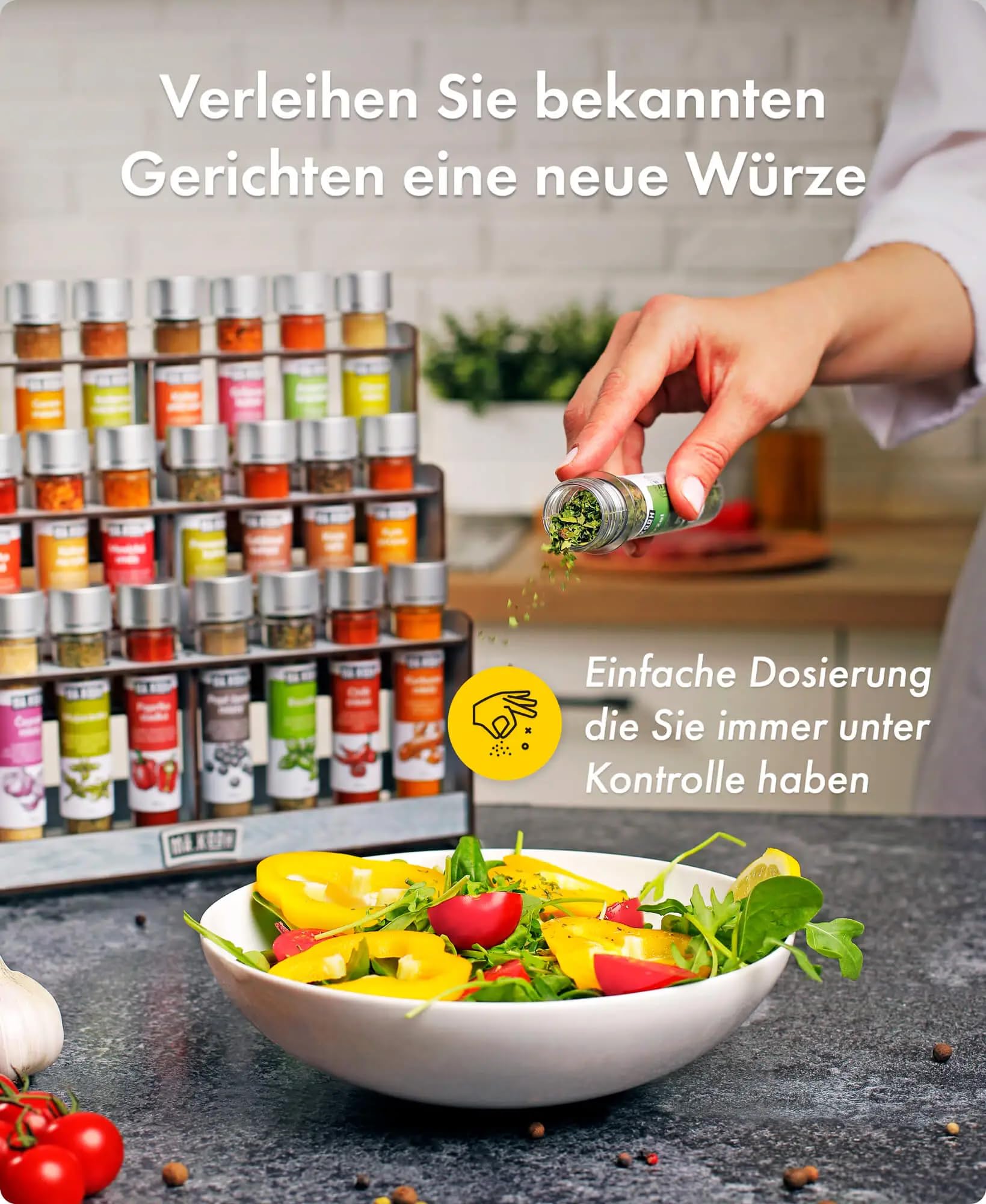 Mr. Kooh Gewürze Set - 24 Hochwertige Gewürzmischungen in Glasröhrchen mit Robustem Holzständer - 100% Natürliche BBQ Grillgewürze, Ideal als Exklusives Geschenkset für Feinschmecker