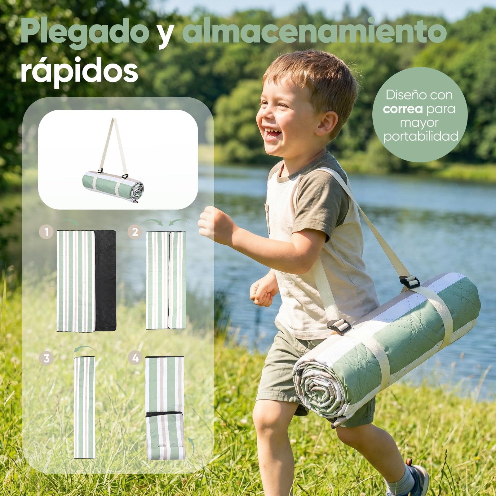 Sekey Manta Picnic 200x200 cm Manta Picnic Impermeable Antisuelo Acolchada Tres Capas Fondo PEVA Correa de Transporte para Picnic, Camping, Playa