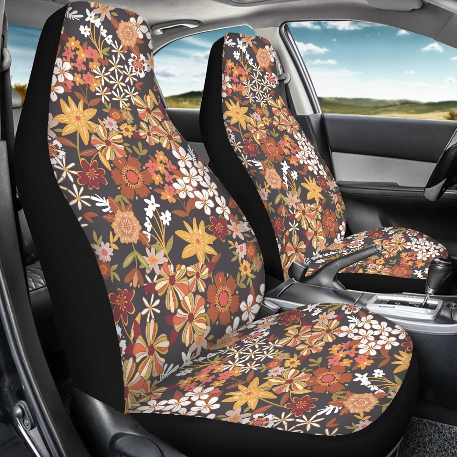 Hippie Flowers Print Universal Car Seat Cover for Women,Cute Bucket Front Seat Covers for Most Cars,Hippie Flower Car Accessories