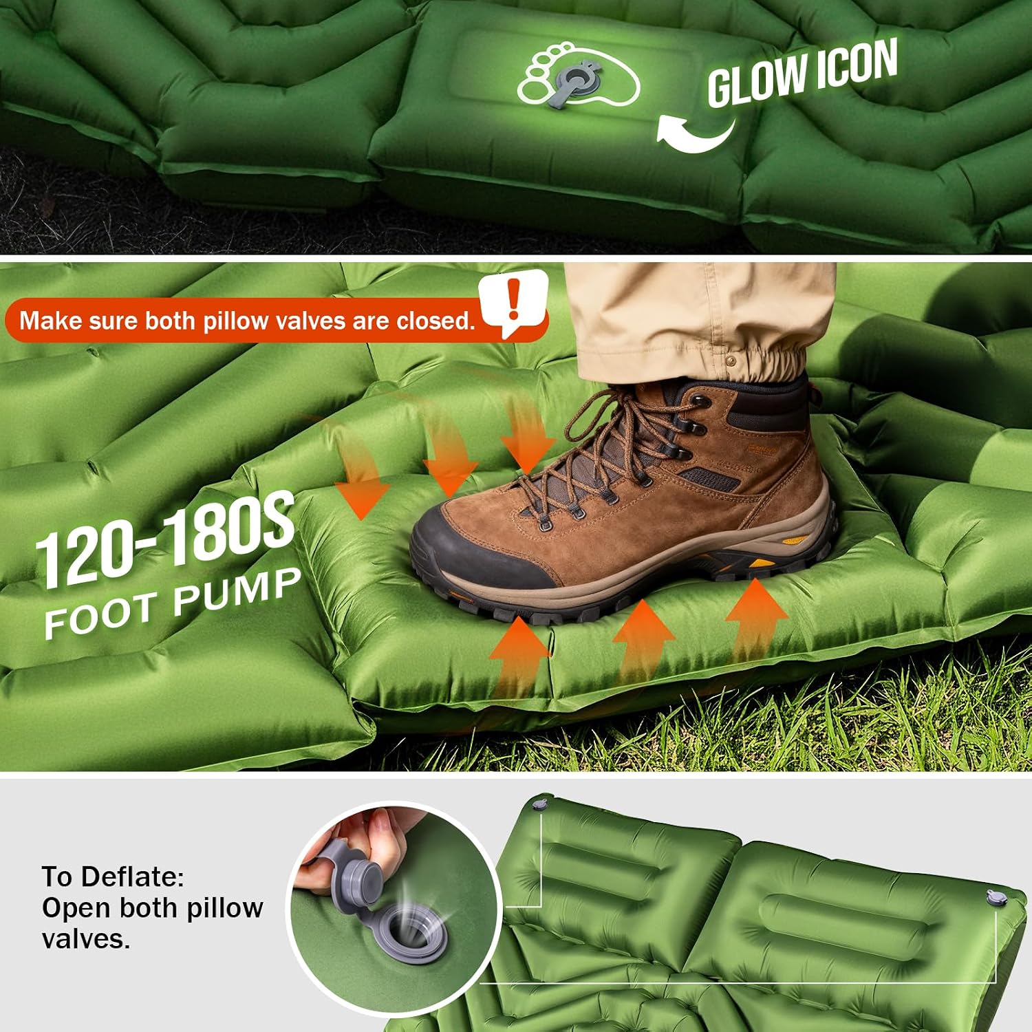 Double Sleeping Pad for Camping- 2 Person Camping Mattress with Pillow, Inflates in 60 Seconds Sleeping Pad with Pump-Electric/Foot Portable Air Pad for Backpacking, Hiking, Tent, Car Travel, Beach