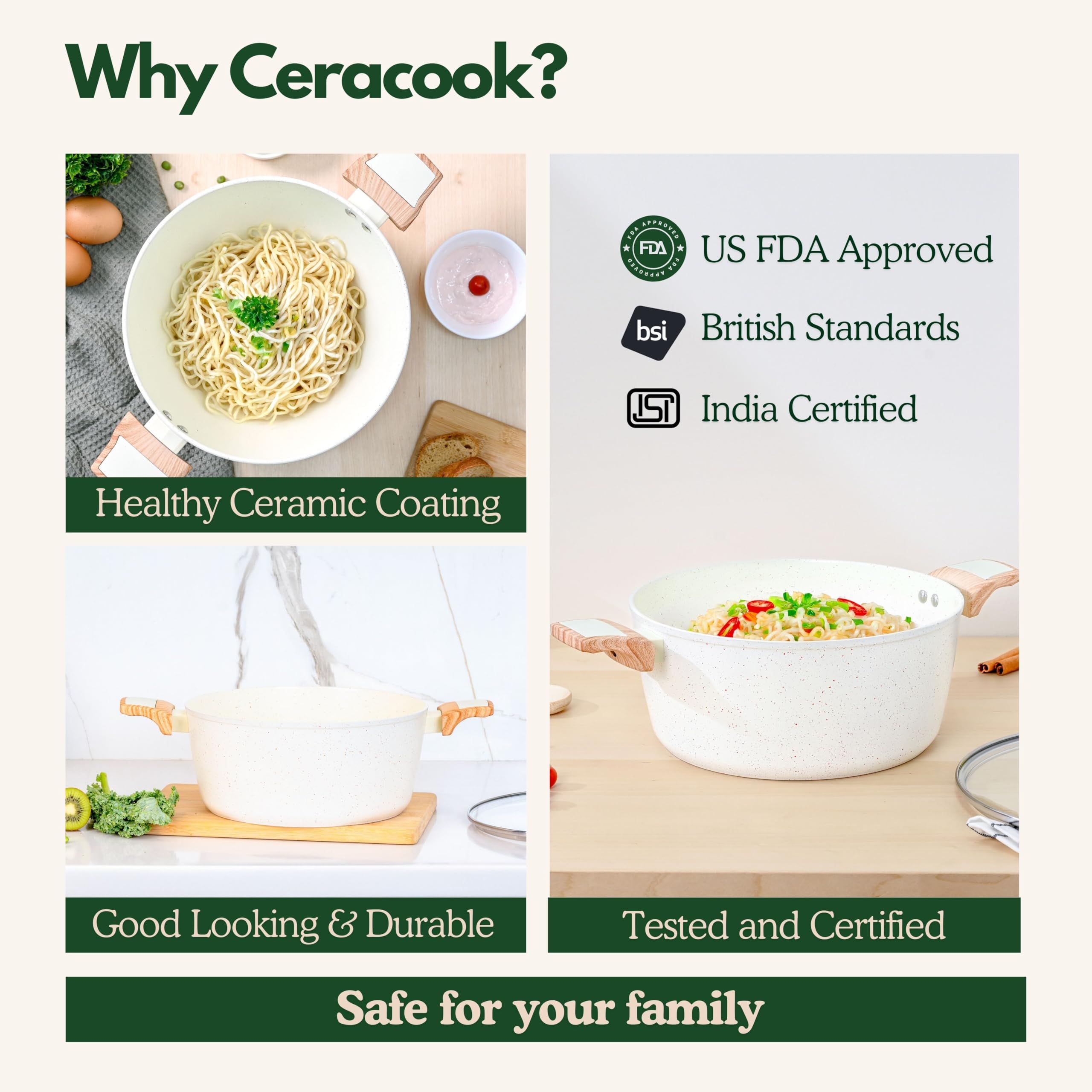 Kreme Ceracook Ceramic Coated Granite Casserole 5.5Ltrs /26cm with Glass Lid, Stew Pot, Biriyani, Rice, ISI Certified, Forged Aluminium, Gas & Induction Use, PFAS & PTFE Free, 1 Yr Warranty, Ivory 3