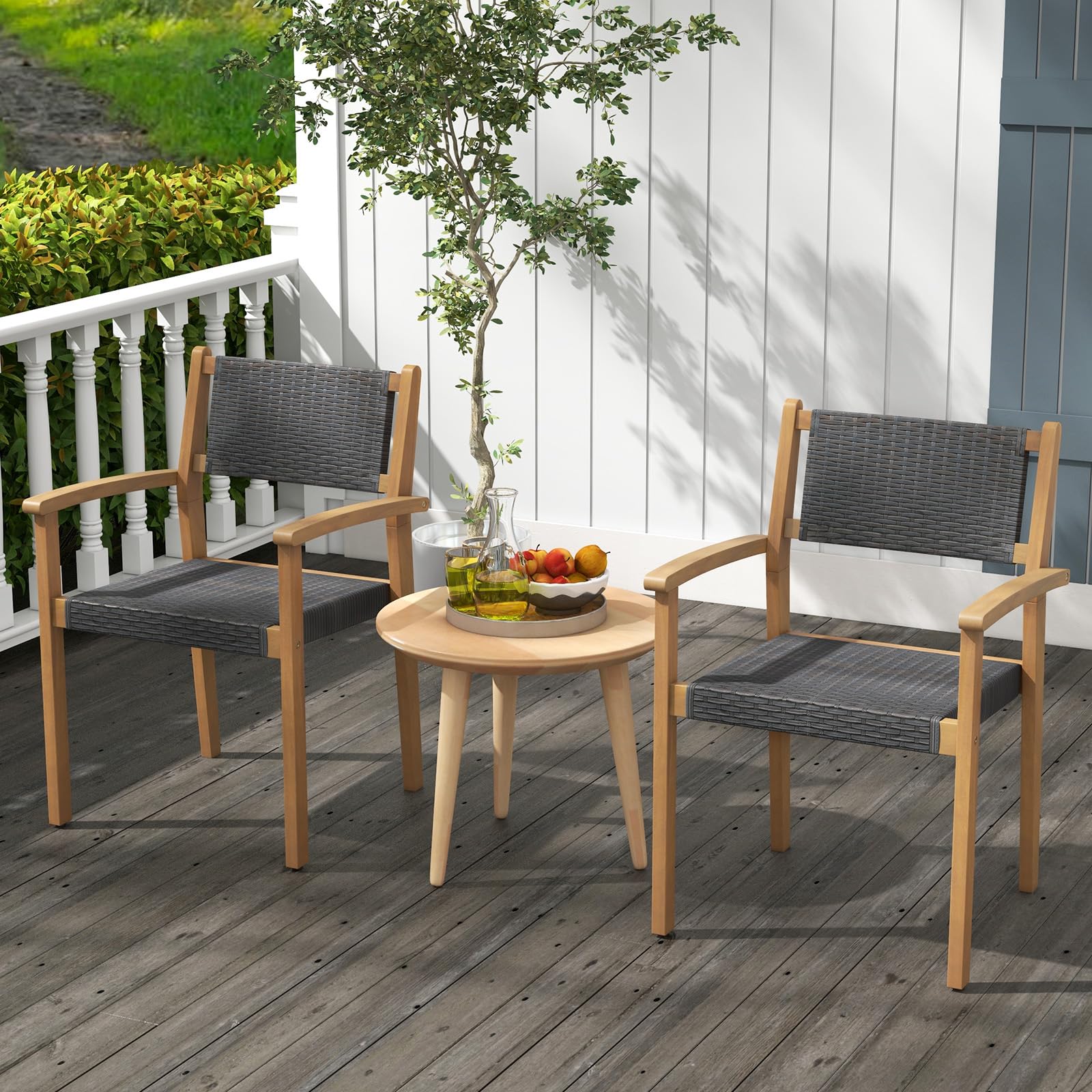 Condition photo showing New/Like New for goflame stackable patio dining chairs set of 4, outdoor wicker armchairs with acacia wood frame, all-weather resistant patio conversation chair set for balcony, poolside, garden, porch