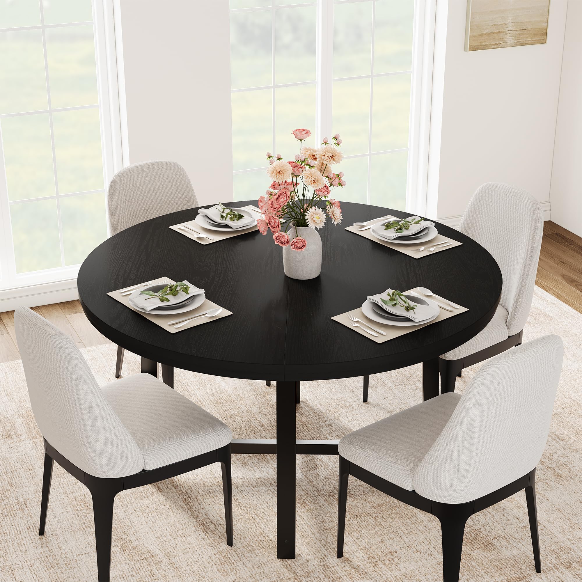 Aptliton Modern Farmhouse 120cm Round Dining Table for 4-6 – Rustic Wood Top & Sturdy Metal Frame – Space-Saving 47" Circle Table for Kitchen or Living Room – Black