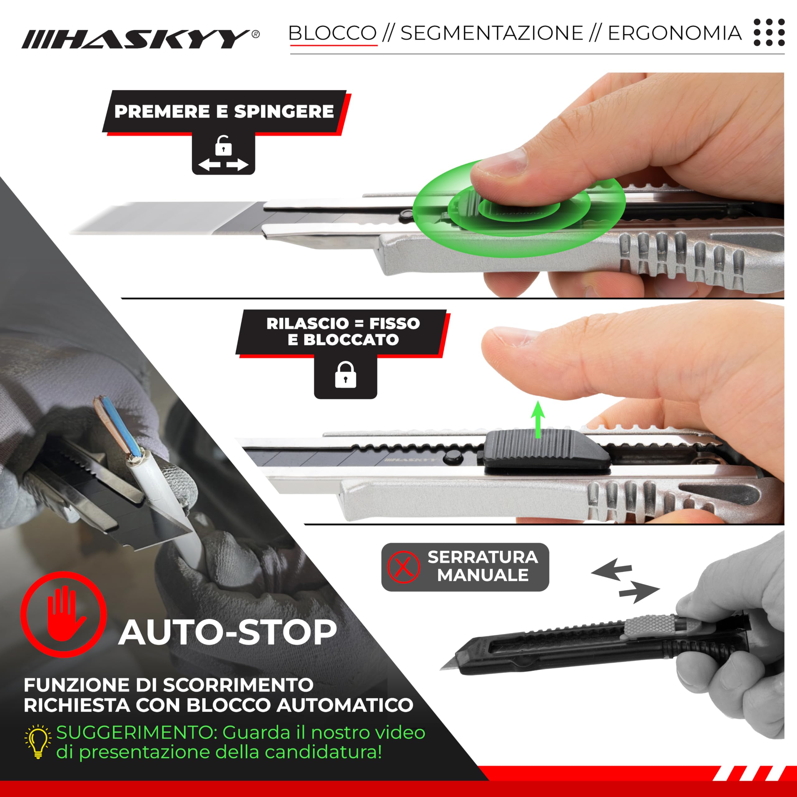 HASKYY Set 2 Taglierini Professionali 18mm + 5 Lame SK5 Premium - Cutter Sicurezza con Auto-Lock