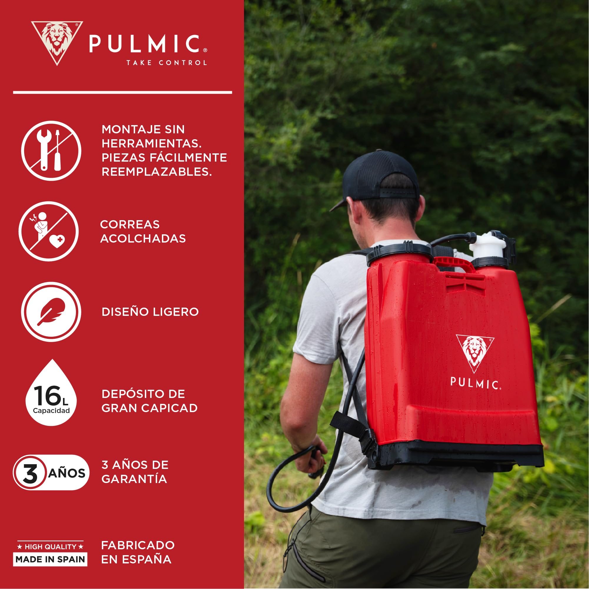 Pulmic Pulverizador Manual de Espalda 16L.Sulfatadora Profesional para Fumigar. Mochila de Pulverizar para Herbicida y Control de Plagas o Insecticida. Lanza Fibra de Vidrio 67cm. Fabricado en España.
