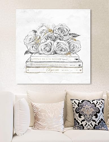Miniatura 3 de The Oliver Gal Artist Co. Lienzo decorativo para pared, diseño de rosas y libros, decoración del hogar, 24 x 24 pulgadas, blanco, dorado