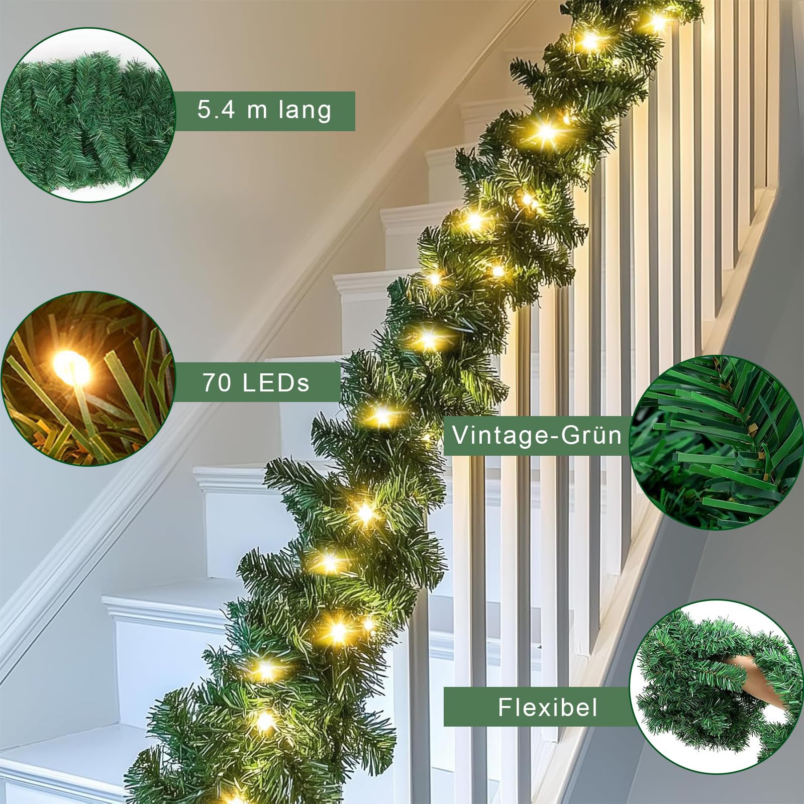 Guirnalda de abeto de 540 cm con 70 ledes de color blanco cálido, iluminada para interior y exterior, guirnalda de abeto artificial para escaleras, puertas y chimeneas