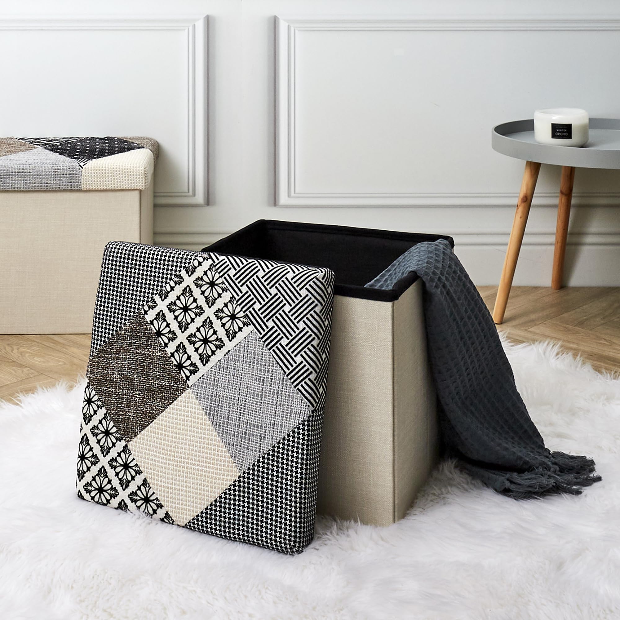 HOME DECO FACTORY HD7491 Pouf Patchwork Mobili Seduta Baule Panca Pieghevole Entree Soggiorno Camera Da Pranzo, Grigio, Bianco, Nero, Beige, 38x38x38 cm