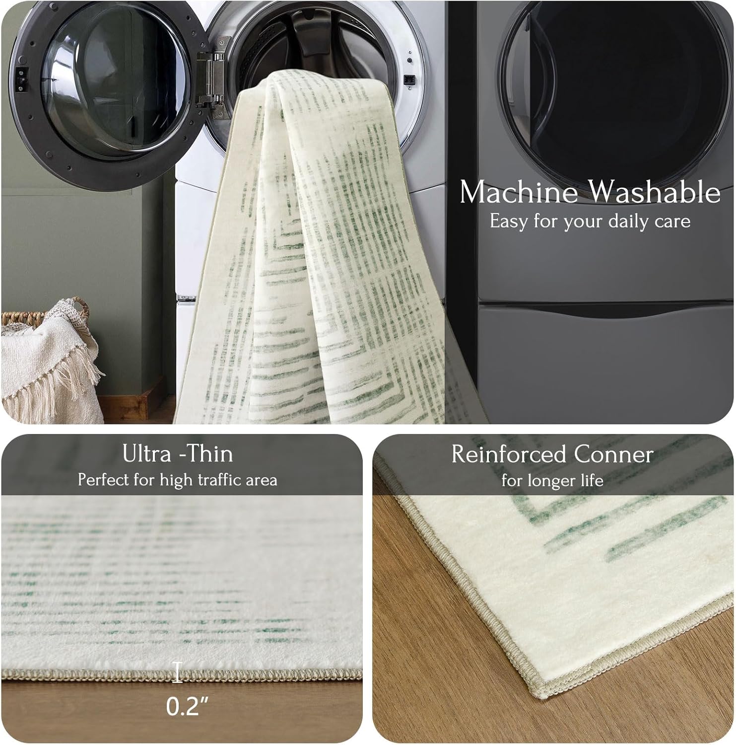 BLISSA Washable 5x7 Area Rugs - Soft Modern Throw Rug for Living Room Non-Slip Ultra-Thin Sage Green Lines Borderd Abstract Carpet for Bedroom Dining Room Rugs for Under Table Nursery Home Decor - Image 3