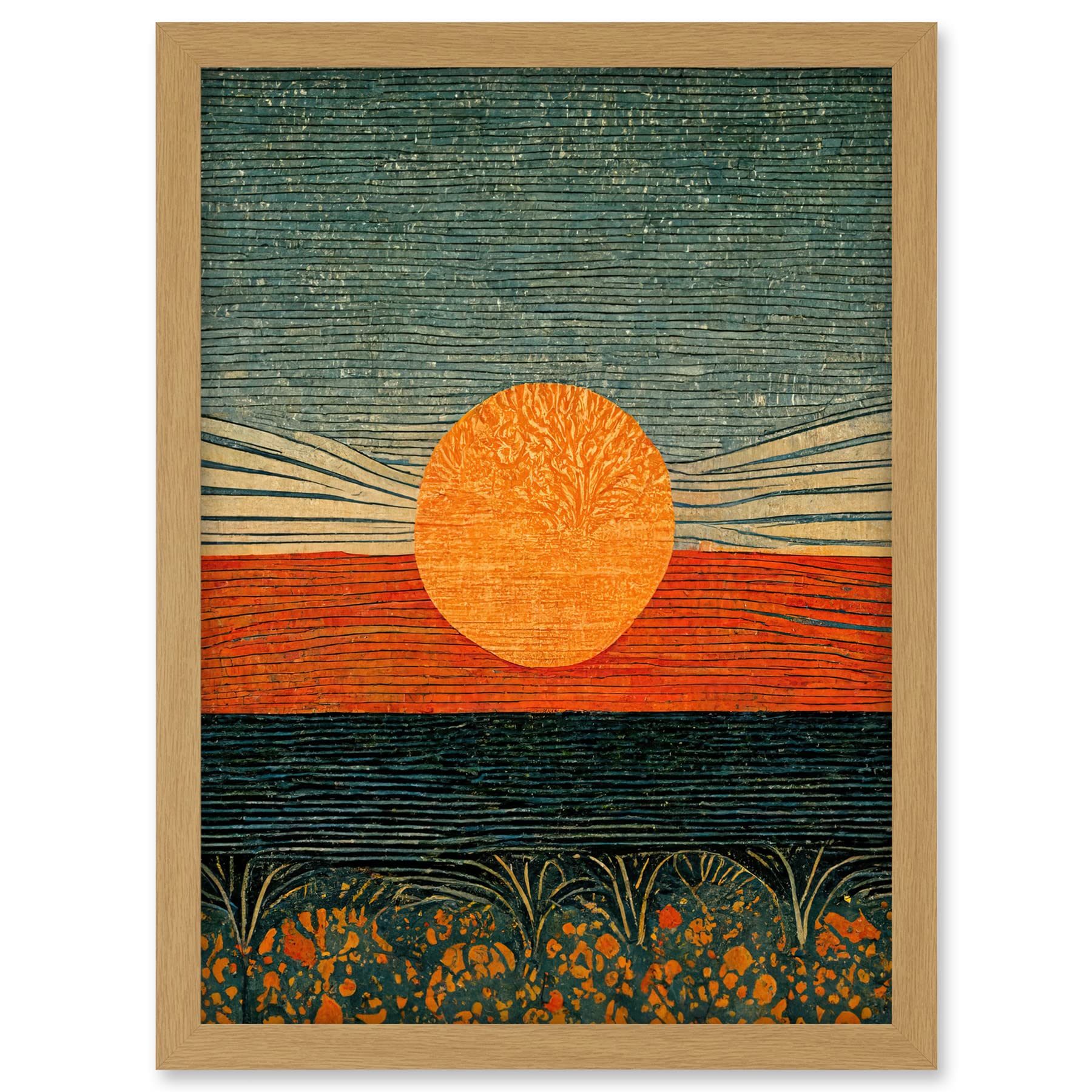 Doppelganger33 LTD William Morris Style Sunrise Over Sea Abstract Artwork Framed A3 Wall Art Print