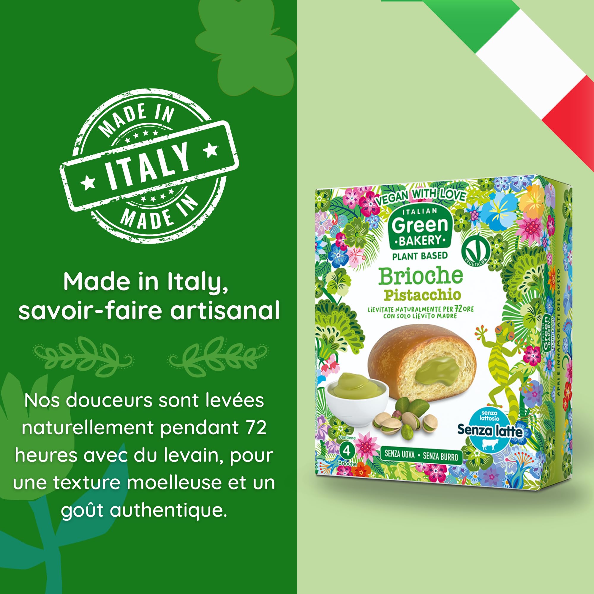Brioches véganes garnies à la Crème de Pistache, Sans Lait ni Œufs, En-cas artisanaux Plant Based au Levain, 45 g x 24 pcs (6 Paquets) - Vegan With Love Italian Green Bakery