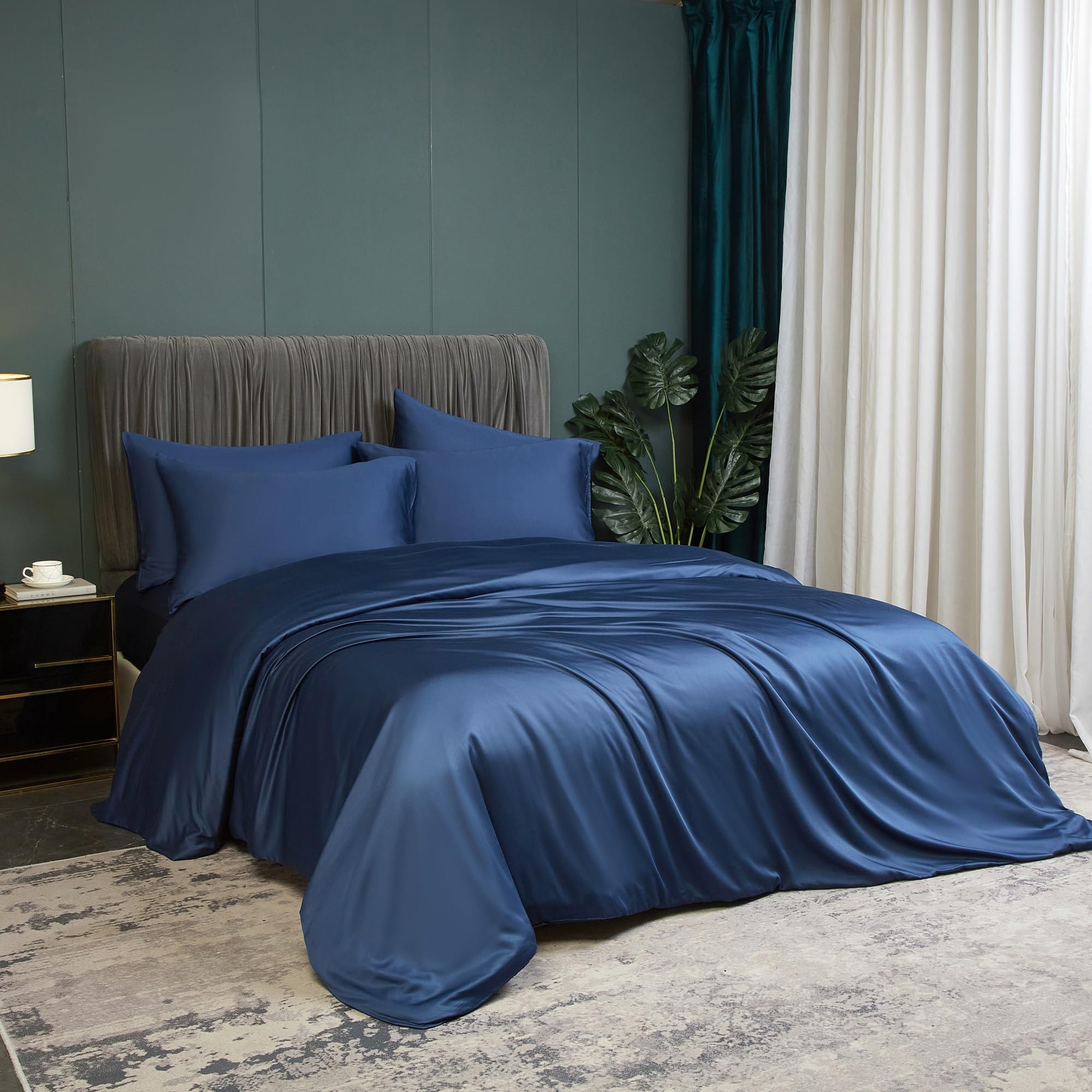 Luowei Kühlender Bettwäsche 200 x 200 cm Dunkelblau Sommer Bettwäsche Set aus Bambus Polyester,Atmungsaktiv Weich Oeko-TEX Bettbezüge mit Reißverschluss und 2 Kissenbezüge 80x80cm