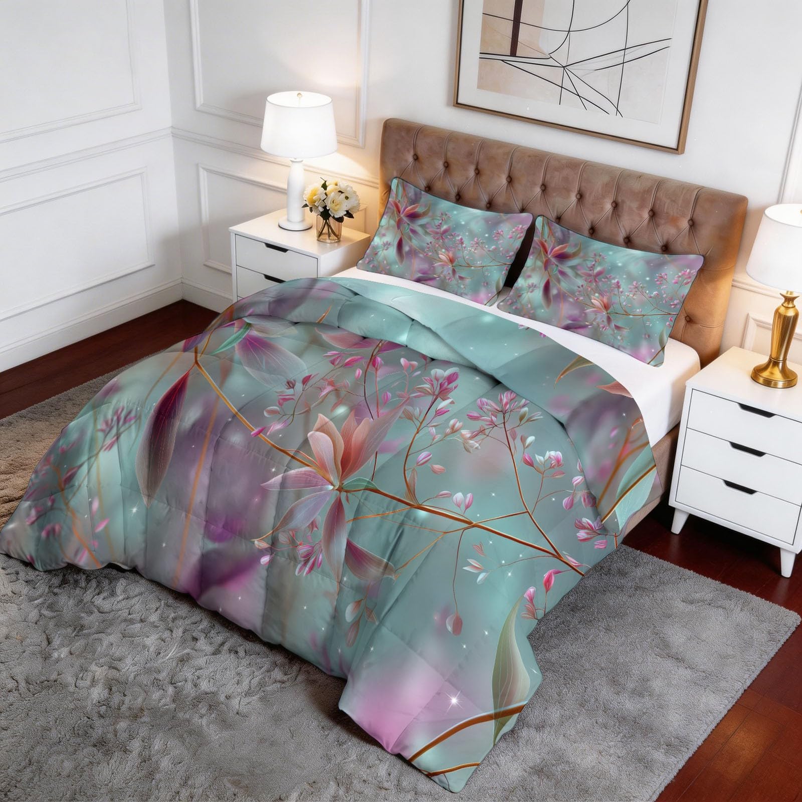 Set Trapunta 3 Pezzi 150x200 cm Piante fantasia fiori Piumone Letto 4 Stagioni, Trapuntino Anallergico Soffice, Copriletto Trapuntato Moderno per Adulti Bambini