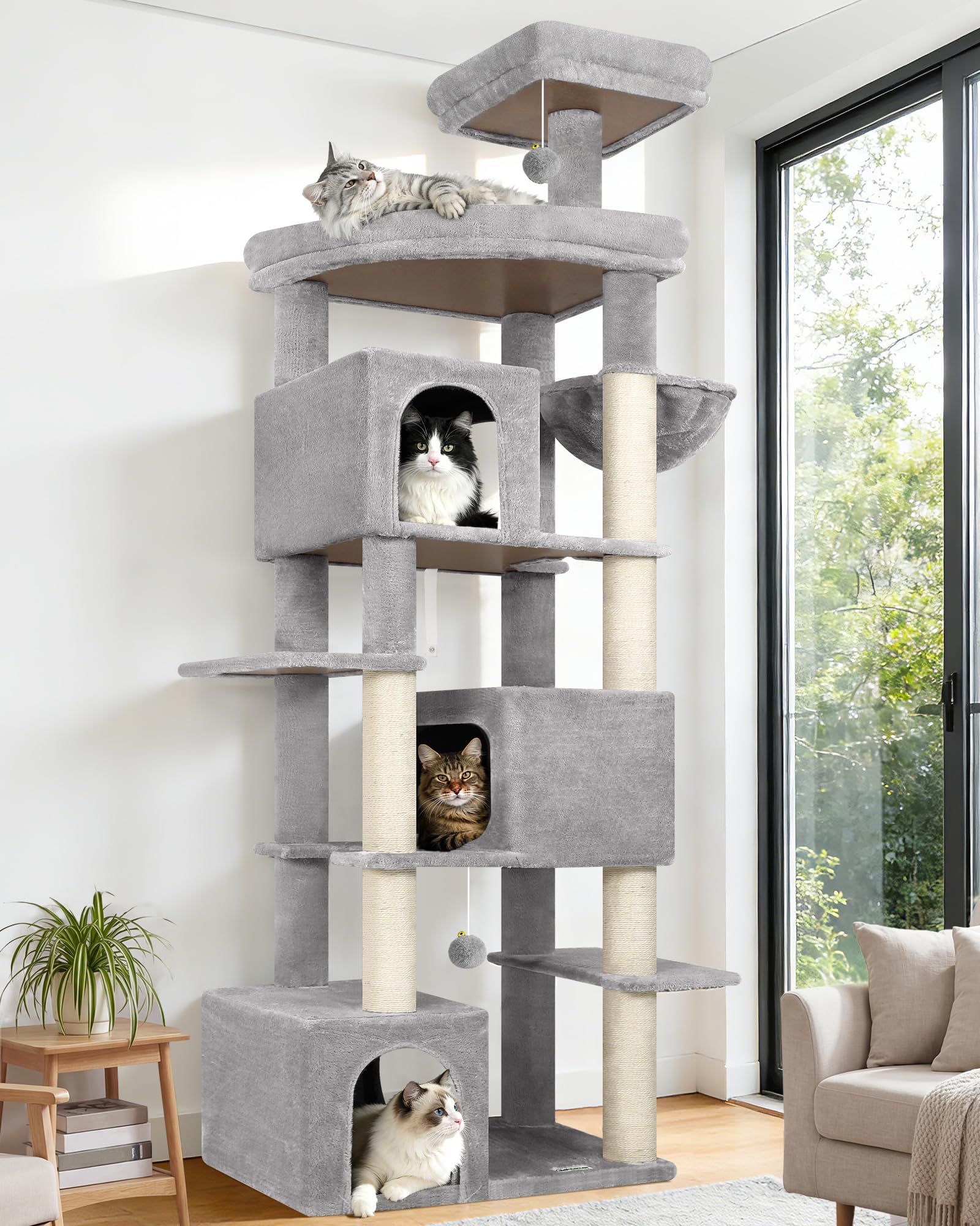 Globlazer Tiragraffi per Gatti XXL Alto 203 cm con 3 Grandi Grotte 45*30*30CM, Extra Large Piattaforma, Cesto, Trespoli, Giocattoli, Albero Stabile per 4-6 Grandi Gatti Adulti (S80, Grigio Chiaro)