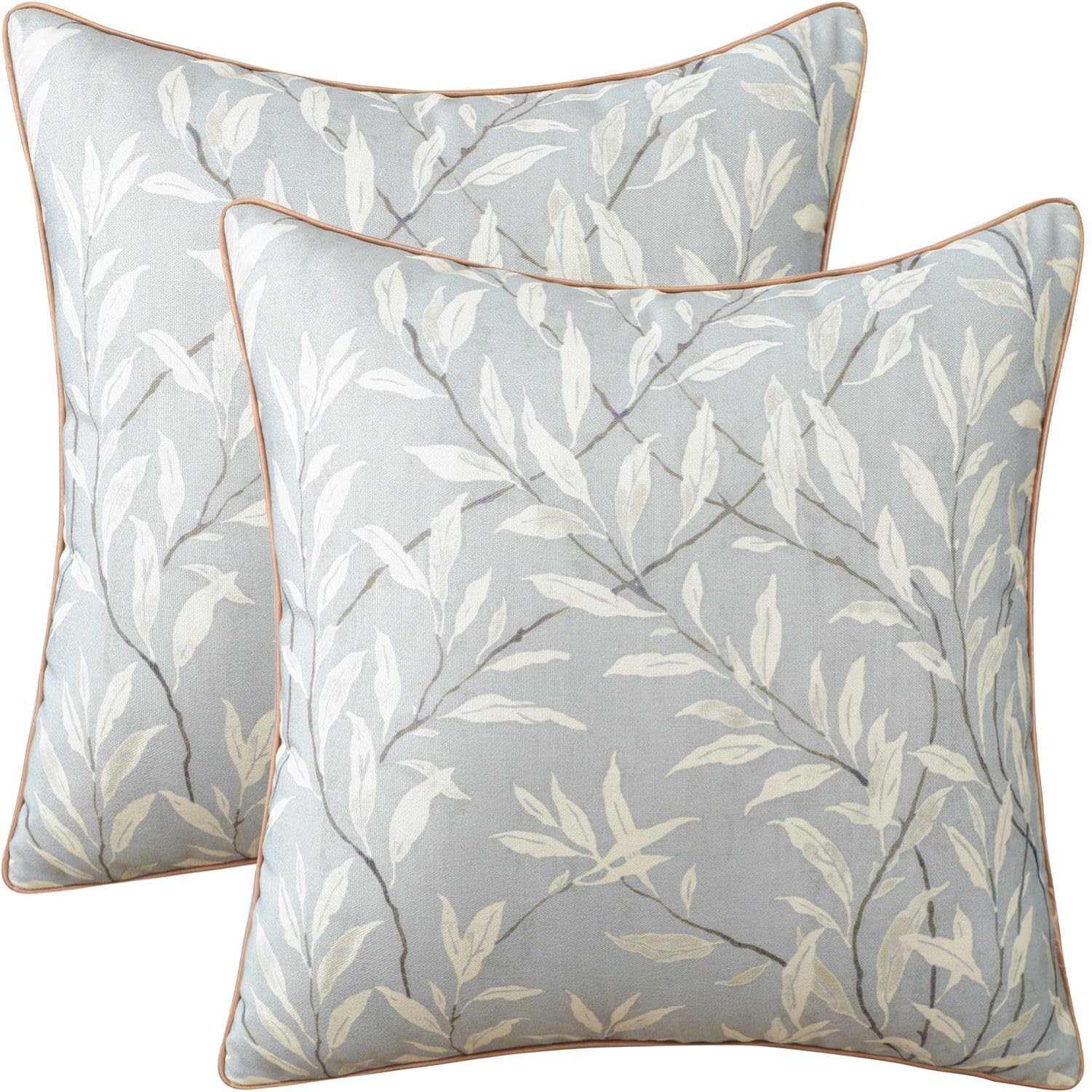 VOGOL Set of 2 Grey Leaves Cushion Covers, 45 x 45 cm Linen Textured Throw Pillowcases for Sofa Couch Bed Car, Square Country Style Pillow Covers with Invisible Zipper