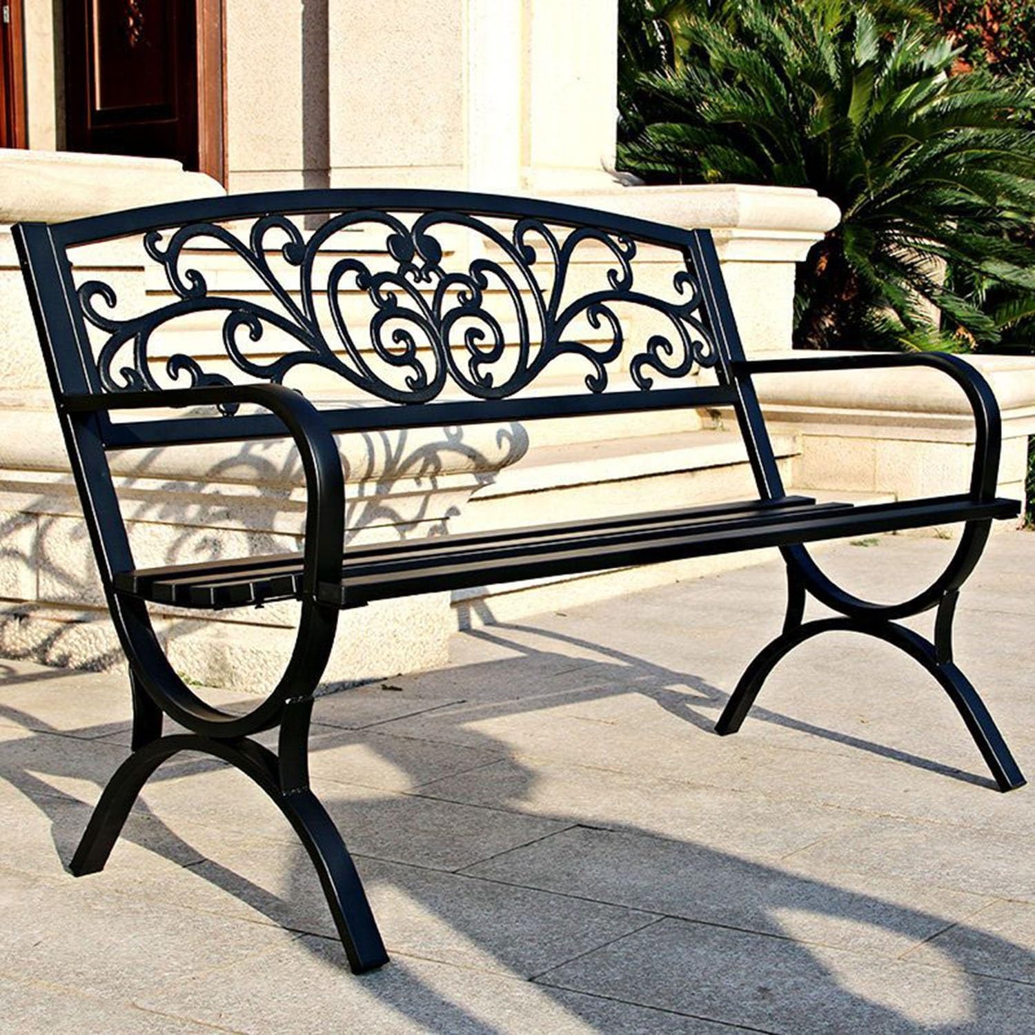 Weatherproof 51" Outdoor Metal Garden Bench - Floral Backrest Loveseat with Arch Legs for Patio, Porch, Backyard & Park Furniture (White)