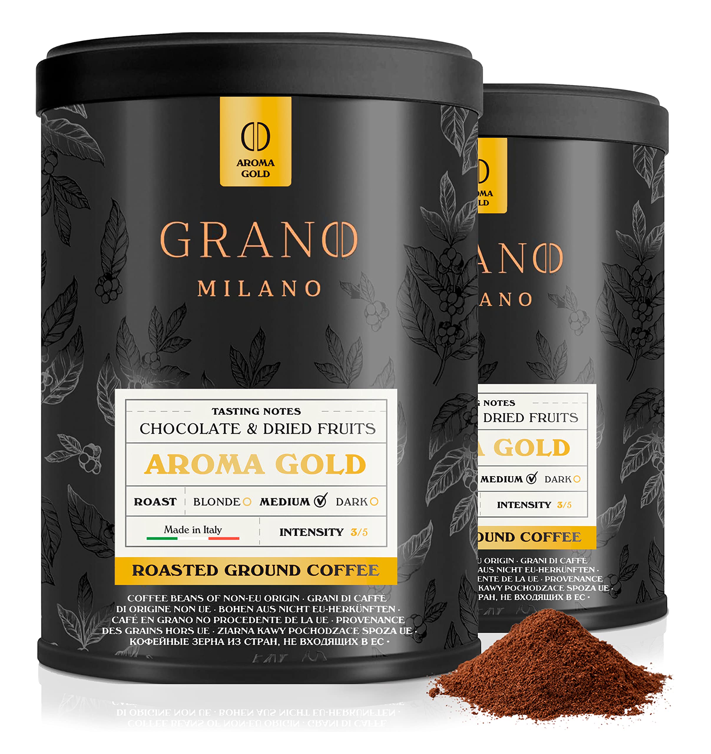 Grano Milano Roasted Ground Coffee | Aroma Gold | 250g, 2 Tin Cans | Medium Roast | Intensity 3/5 | Made in Italy