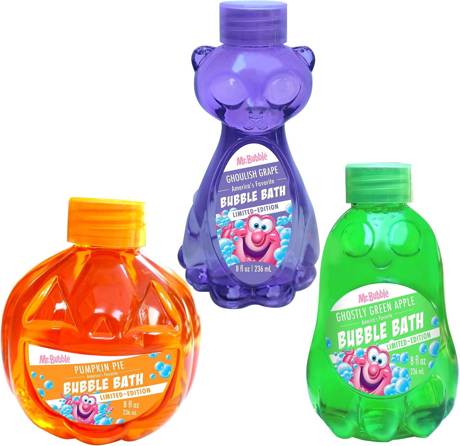Mr. Bubble Halloween Bubble Bath 3-Pack – Ghost, Cat & Pumpkin Collectible Bottles – Green Apple, Grape & Pumpkin Pie Scents – Kids Bubble Bath Set, 8 oz Each