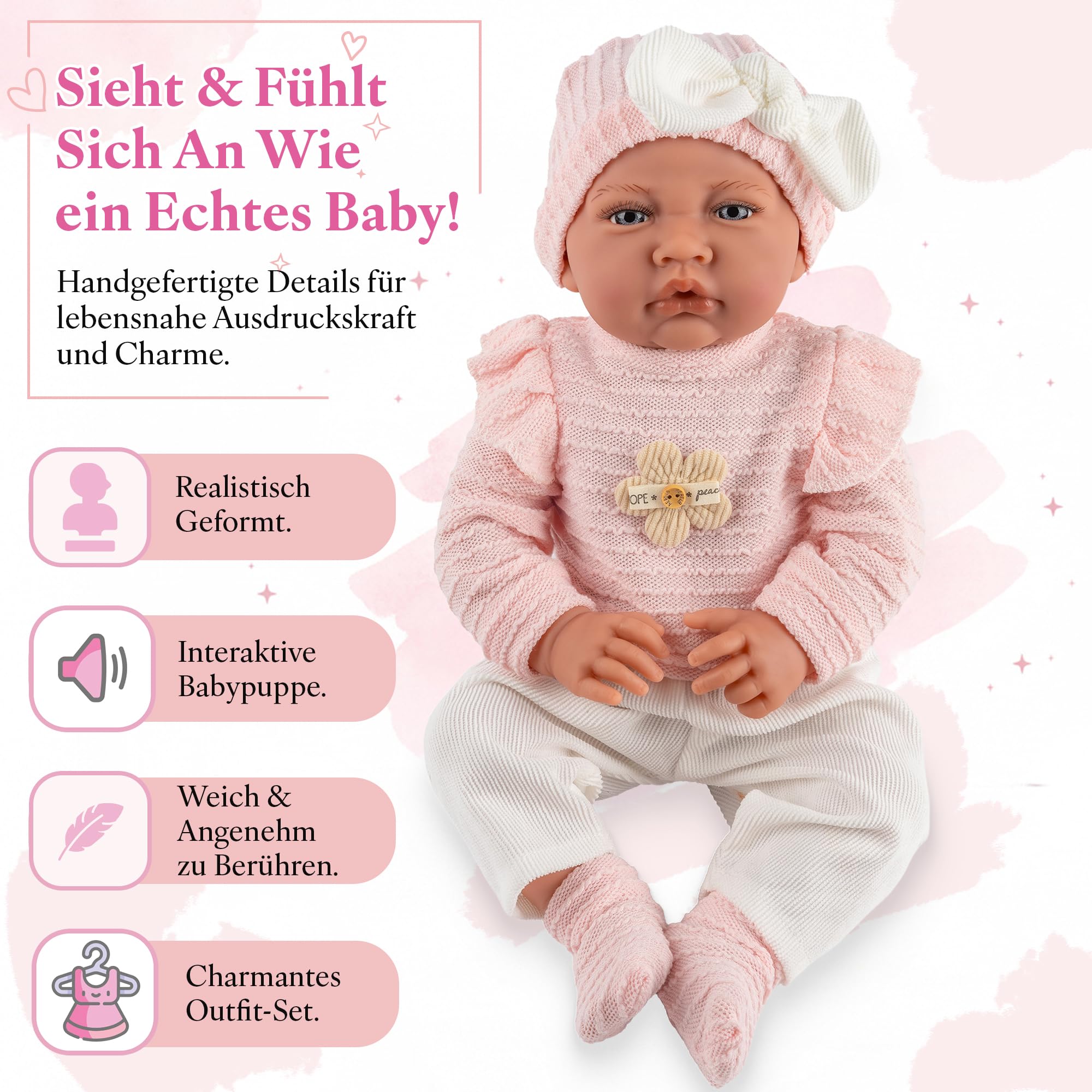Kinderplay Lili Babypuppe 41 cm, realistische Weichkörperpuppe mit Geräuschfunktion und Schnuller, rosa Outfit, waschbare Kleidung, interaktive Puppe ab 3 Jahren, CE, Modell KP4204