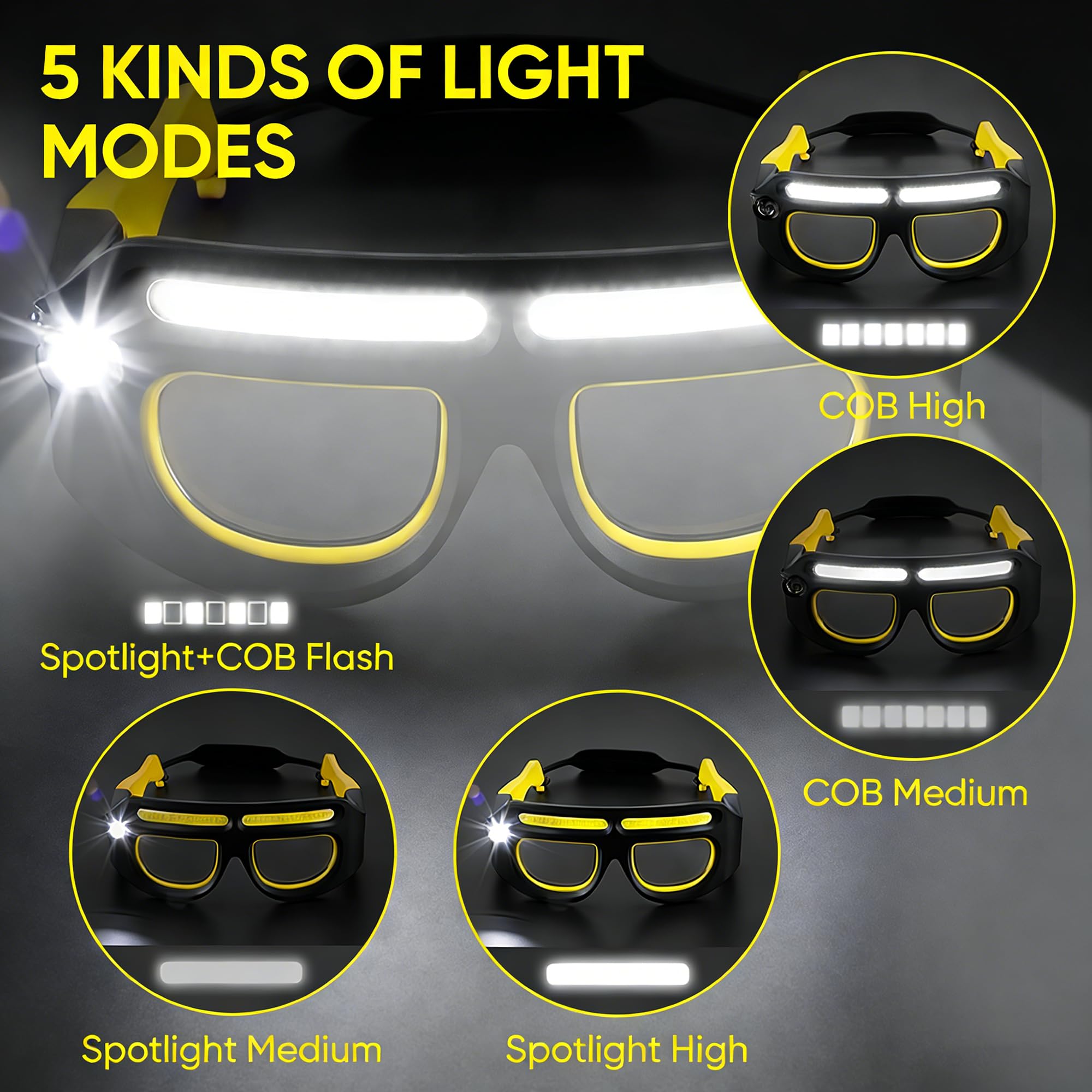 LED Wiederaufladbare Scheinwerferbrille mit Bewegungsmelder & Touch-Steuerung, Schutzbrille mit Lichtern 5 Modi USB C Leuchtende Brille für Outdoor Laufen Camping Wandern Arbeit (Gelb-1)