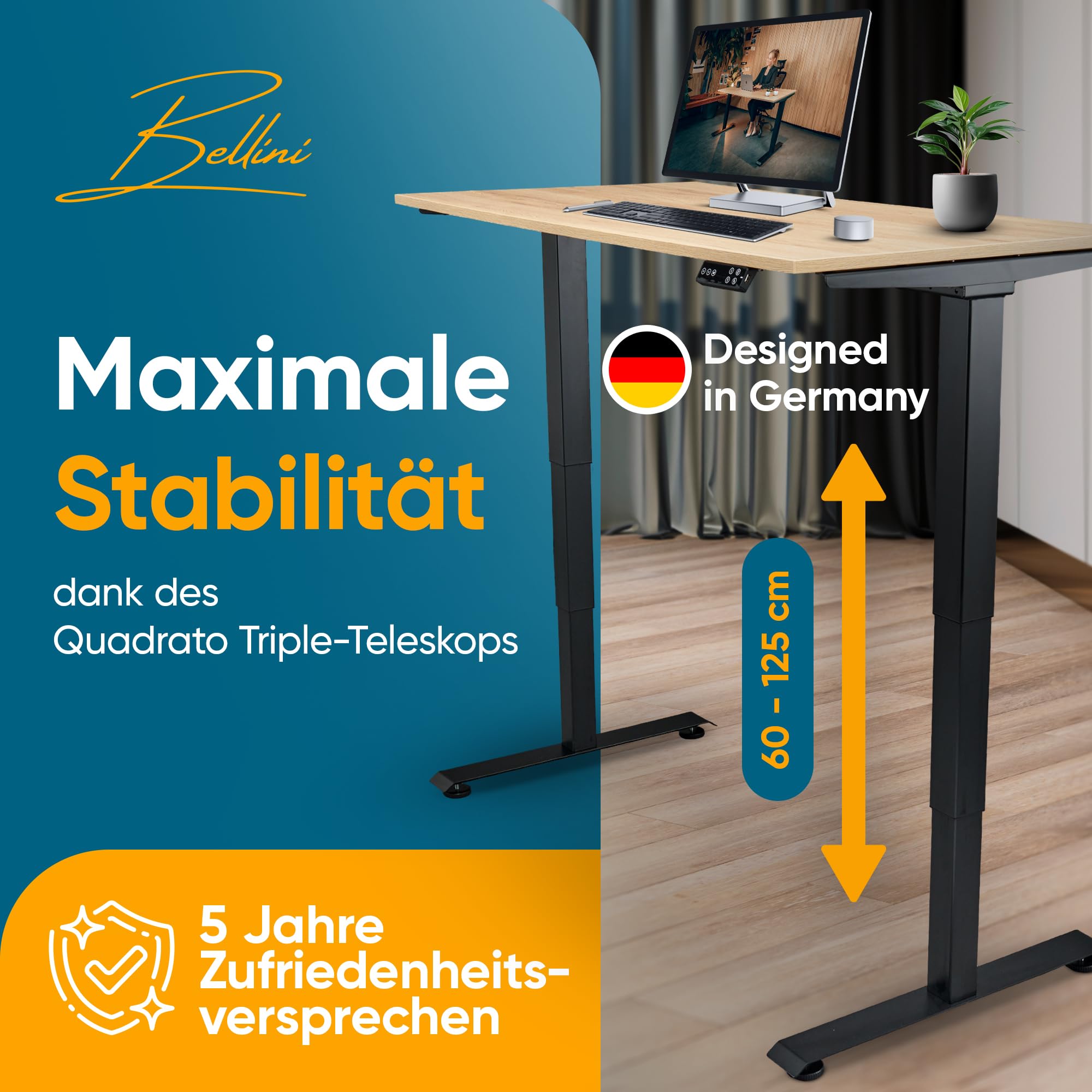 Bellini Höhenverstellbarer Schreibtisch Gestell-Tischgestell - Tischbeine elektrisch für alle Tischplatten | Schreibtischgestell sehr stabil mit Kollisions-Sensor-Memory - 60 bis125 cm - TÜV