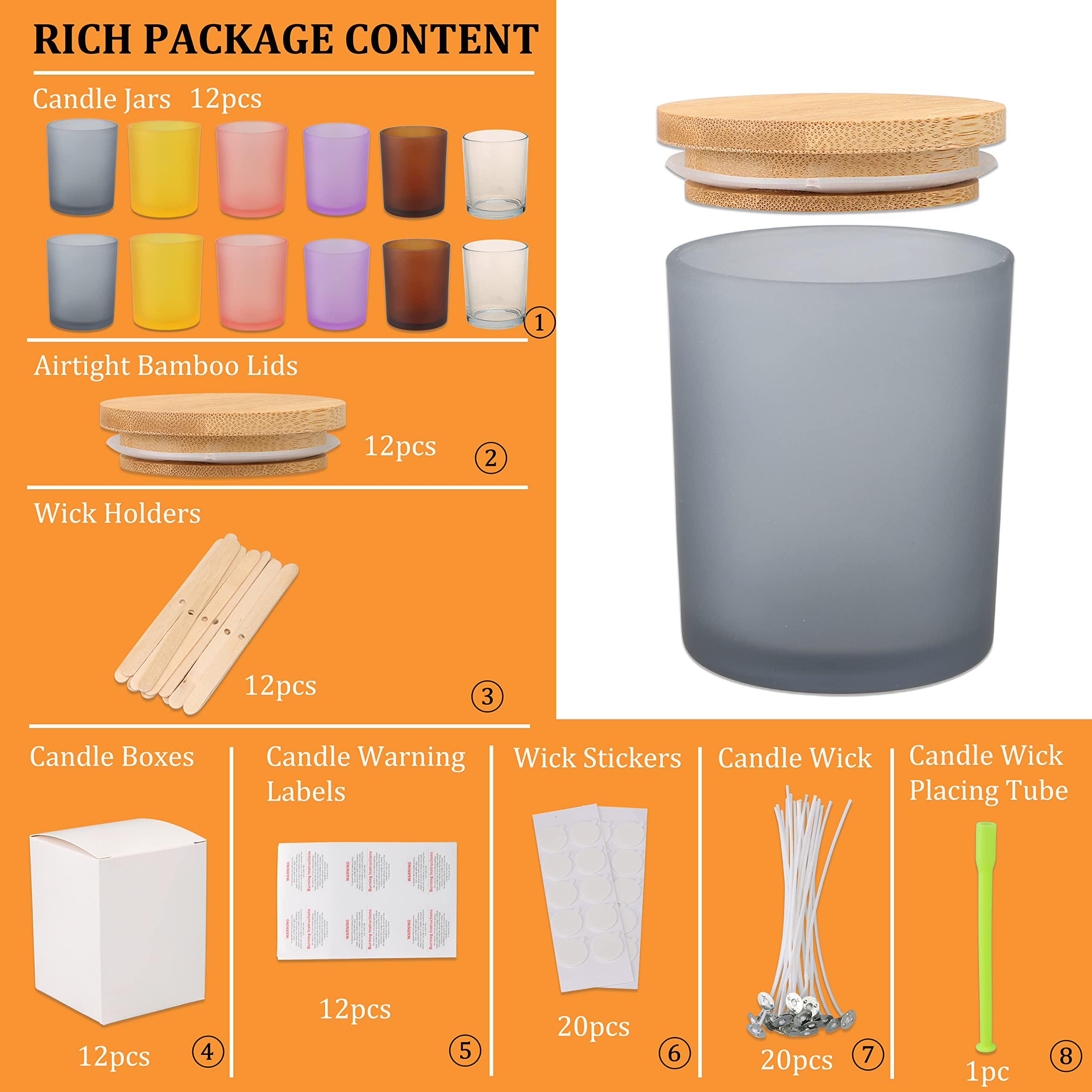 MILIVIXAY - Confezione da 12 barattoli per candele, in vetro trasparente, 295 ml, con coperchio e kit per la creazione di candele, vuoti, contenitori per spezie e polveri