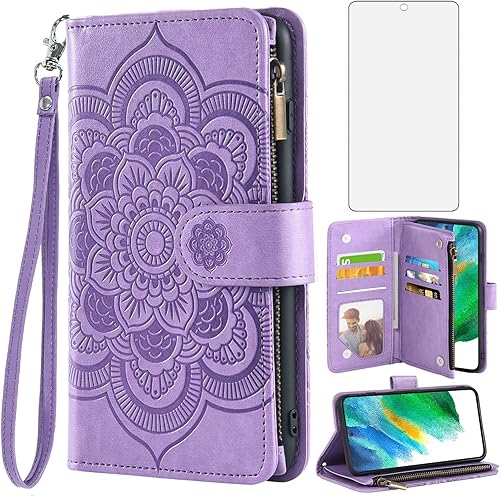 Asuwish Compatible con Samsung Galaxy S21 FE Gaxaly S 21 FE 5G - Funda tipo cartera y protector de pantalla de vidrio templado, funda de cuero para