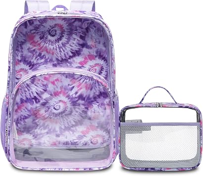 BLUEFAIRY Clear Backpack for School with Lunch Box for Kids Boys Girls Large PVC See Through Bookbag and Lunch Bag for Elementary 17 Inch Heavy Duty Transparent Bags for Stadium Tie-dye, Purple