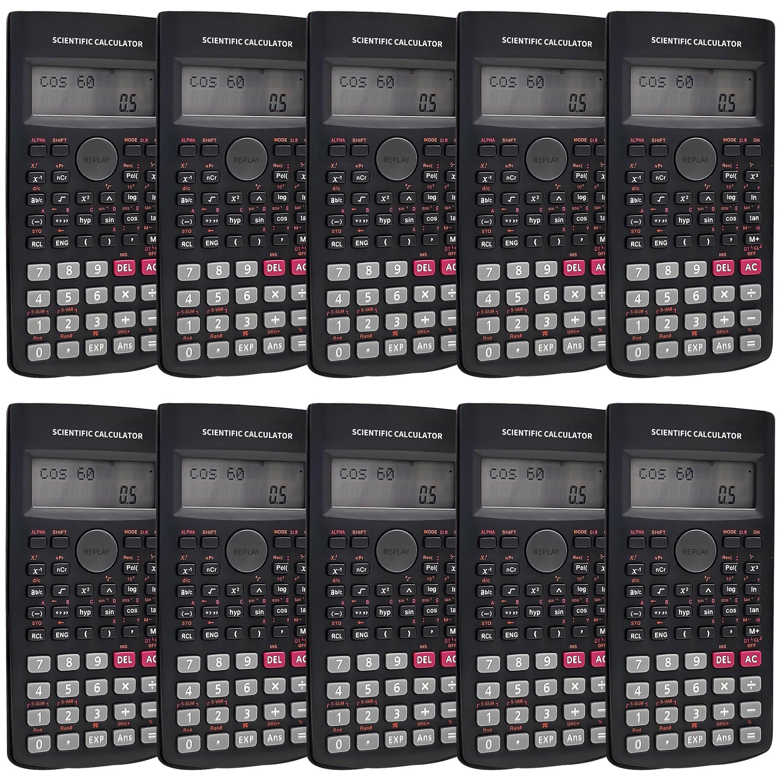 Lot de 10 Calculatrices Scientifiques, Affichage 2 Lignes, 240 Fonctions – pour Classe, École, Formation, Bureau – Noir
